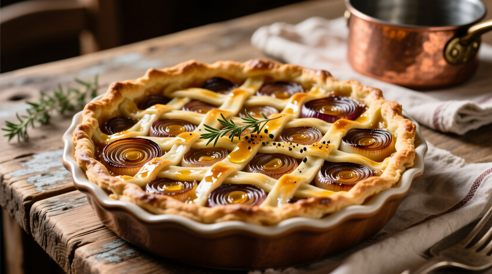 Traditional German onion pie with golden crust and caramelized onions