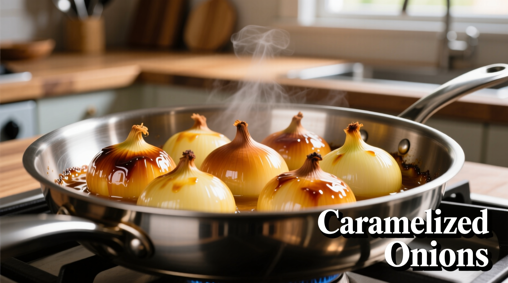 Perfectly caramelized yellow onions in stainless steel pan