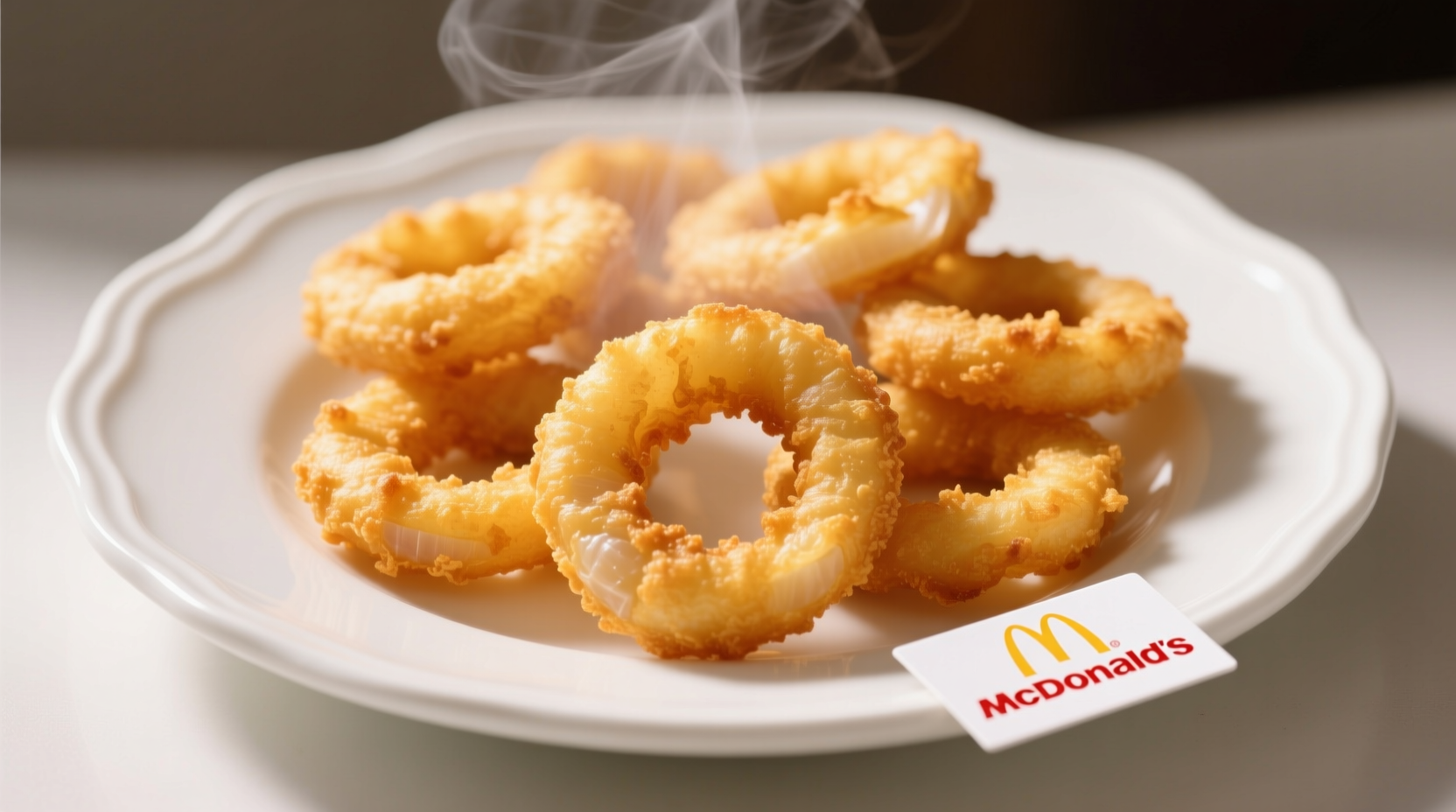 Golden McDonald's onion rings on white plate