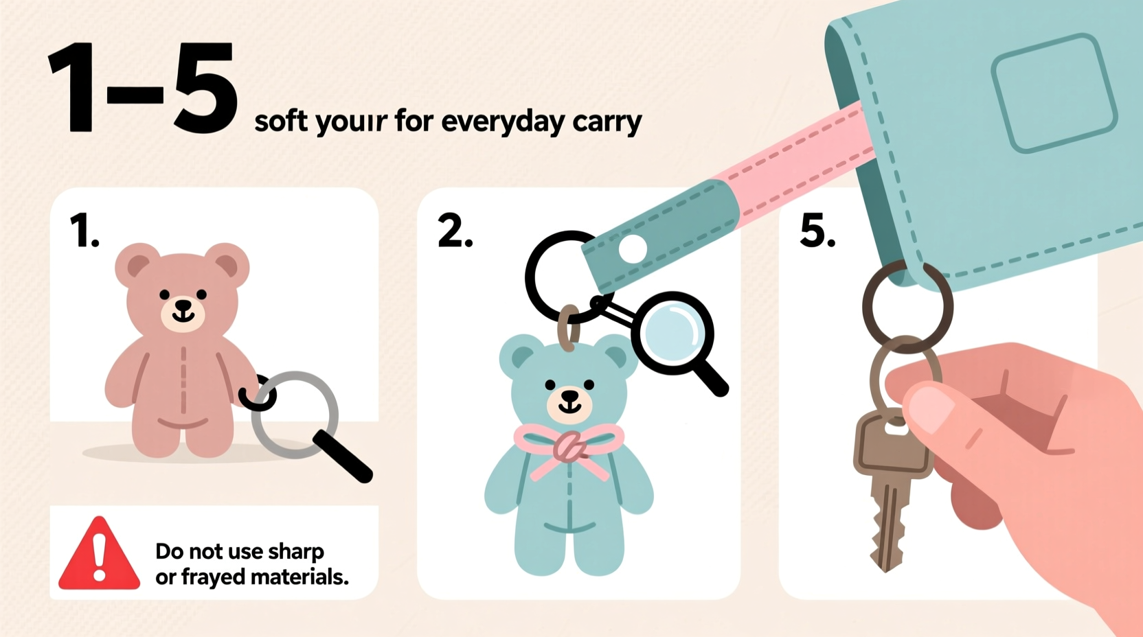 step by step guide to safely attach a soft bear doll to your keys for everyday carry