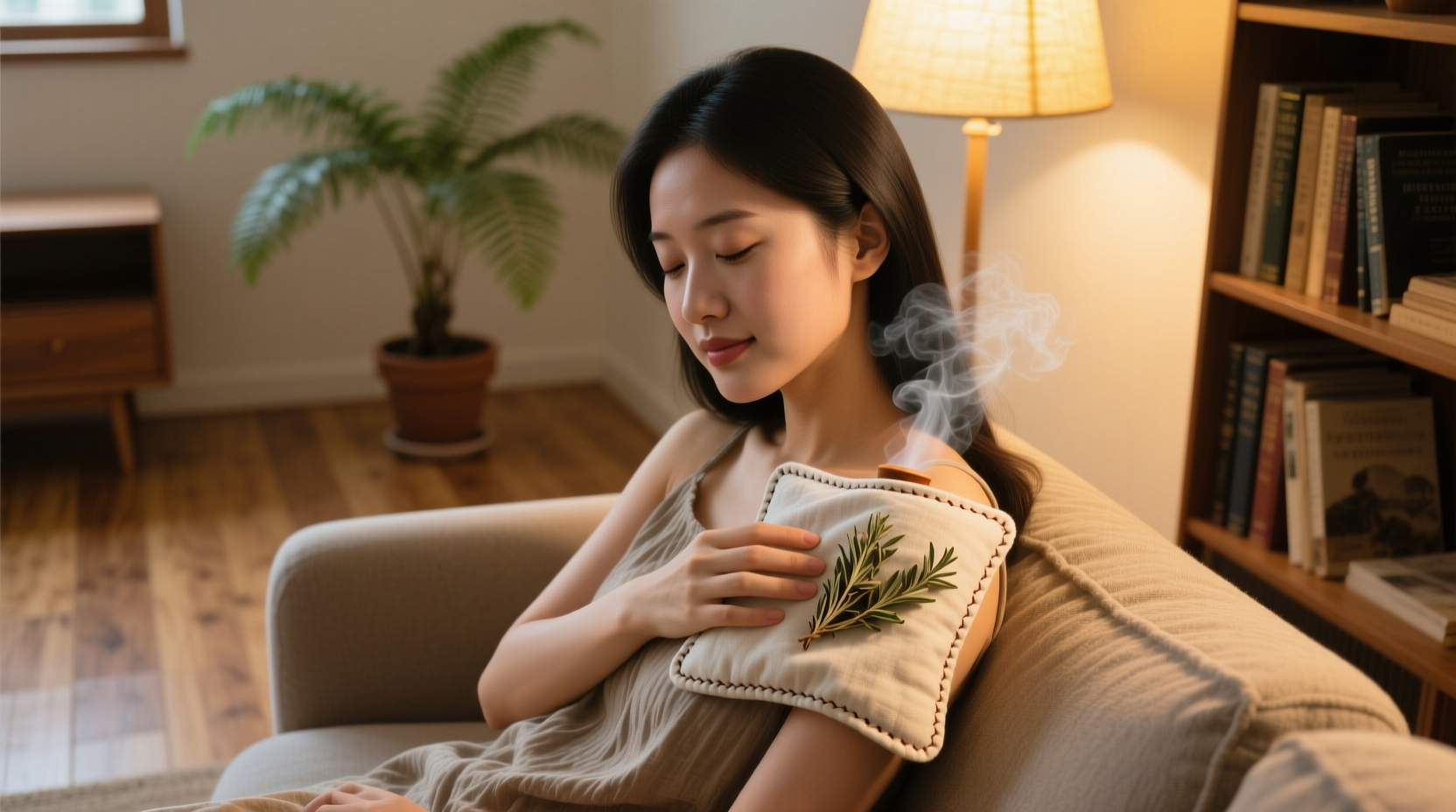 Woman using homemade heating pad on shoulder with comfort