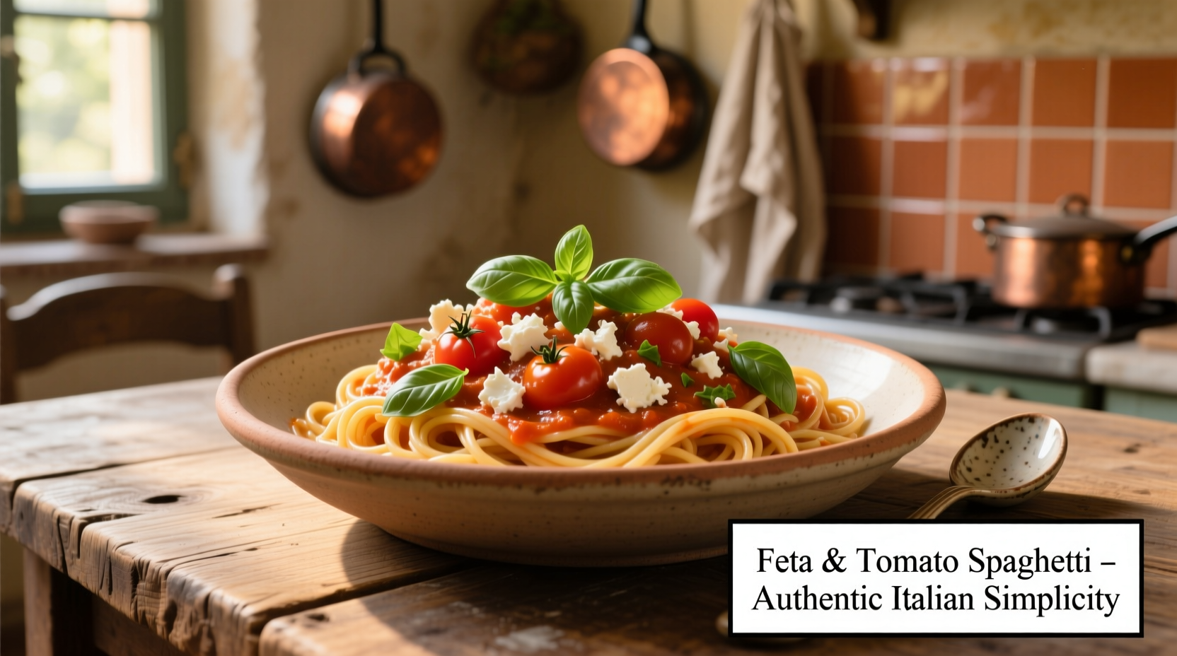 Creamy feta tomato spaghetti with fresh basil garnish