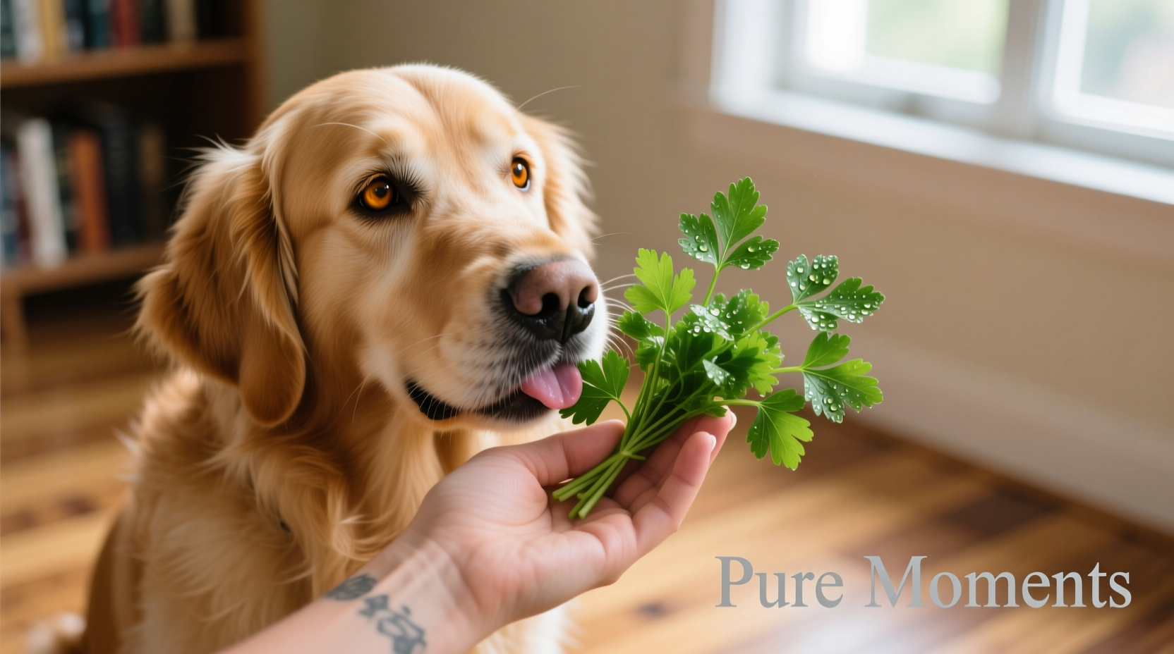 Golden Retriever eating fresh parsley from owner's hand