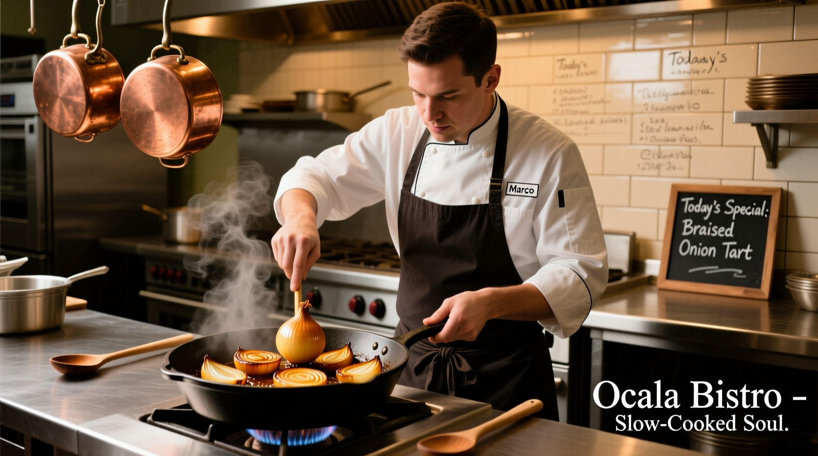 Chef preparing braised onions in Ocala restaurant kitchen