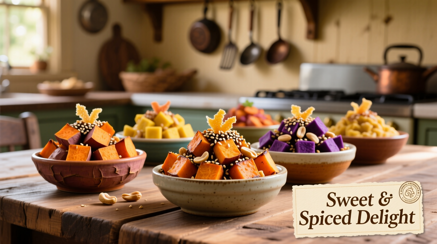 Colorful sweet potato toppings arranged in small bowls