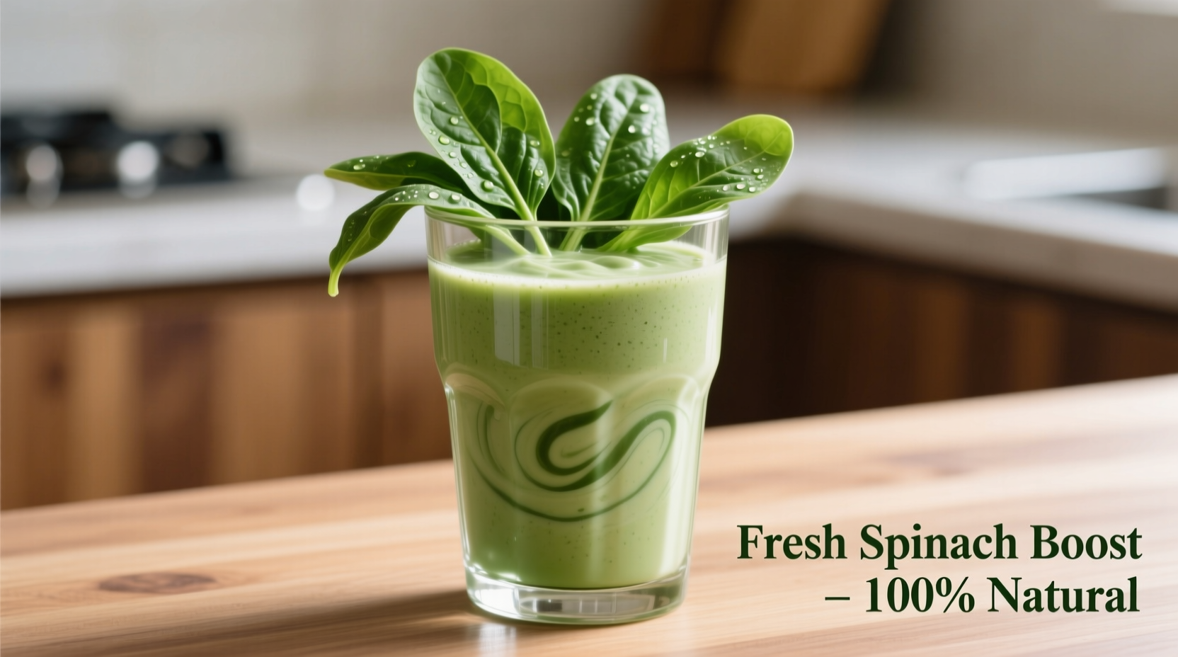 Creamy green spinach shake in glass with fresh spinach garnish