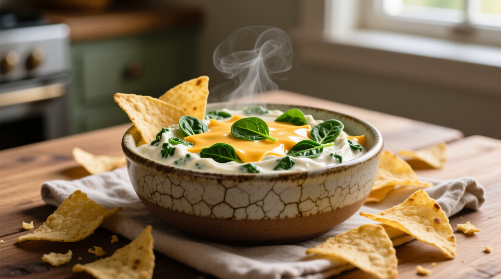 Creamy spinach cheese dip in ceramic dish with tortilla chips