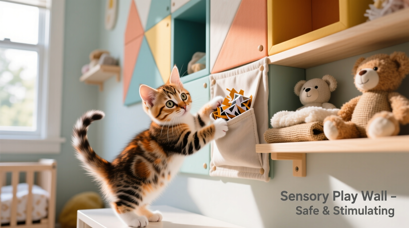 Kitten playing with sensory wall system featuring fabric pockets and shelves