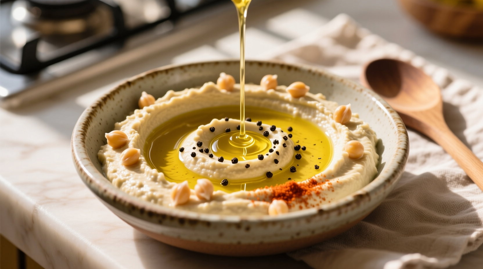 Creamy lemon garlic hummus in bowl with olive oil drizzle