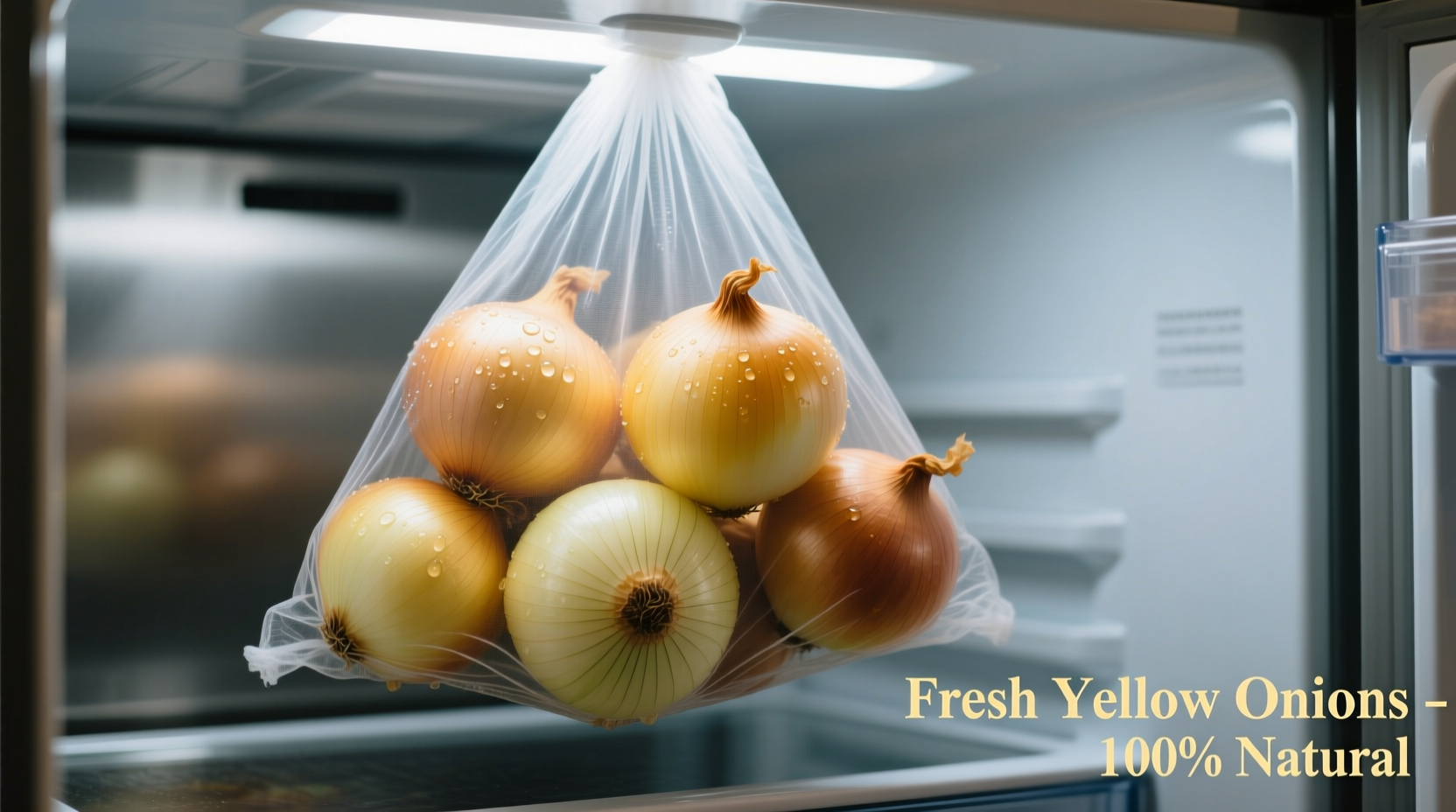 Fresh yellow onions stored in mesh bag in refrigerator