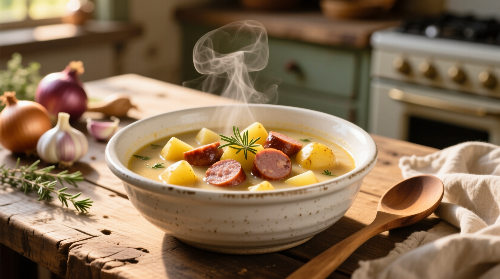 Hearty potato and sausage soup in white bowl
