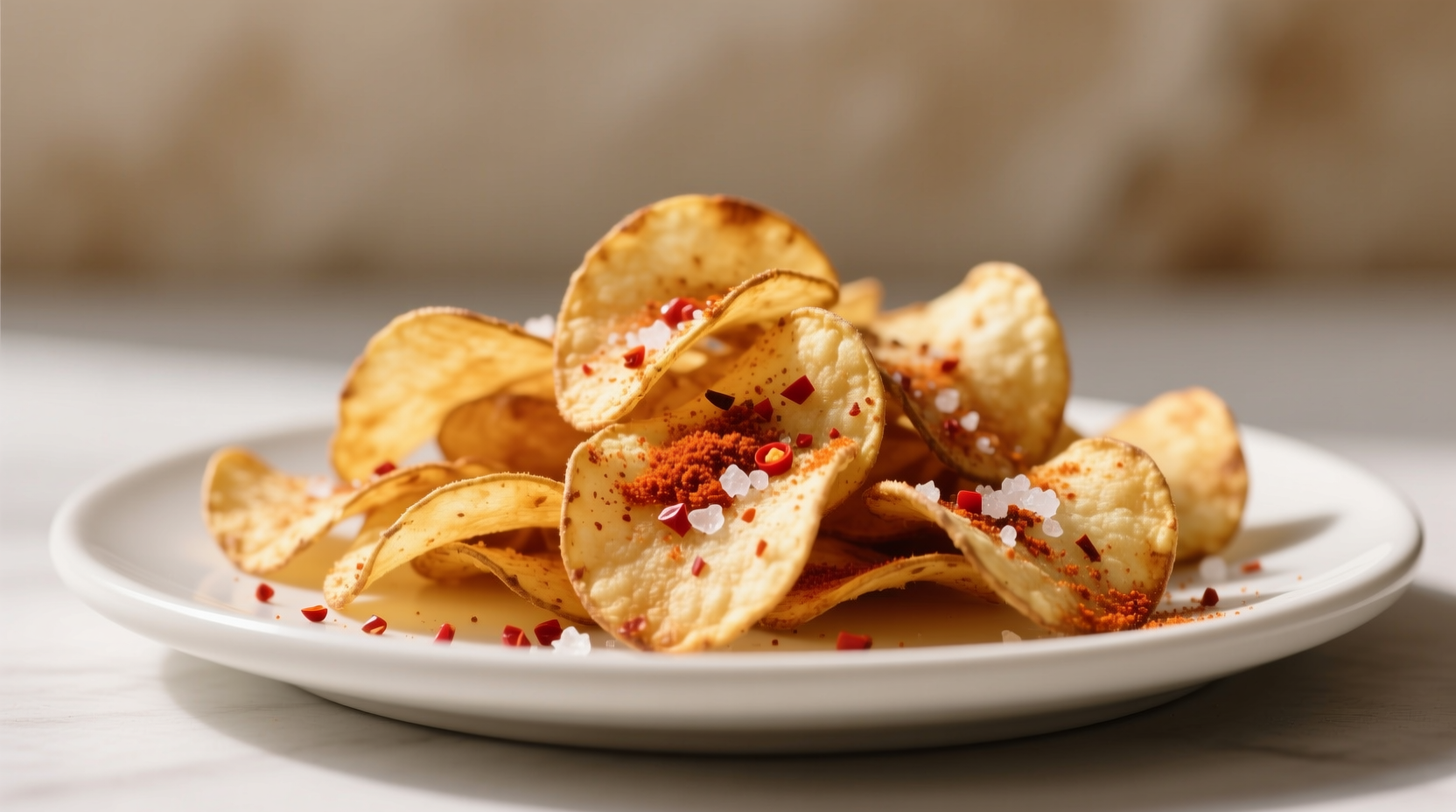 Homemade spiced potato chips with visible even seasoning distribution