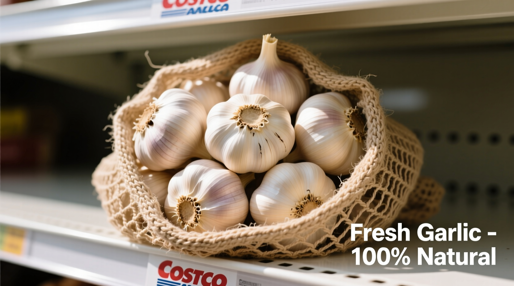 Fresh garlic bulbs in mesh bag at Costco
