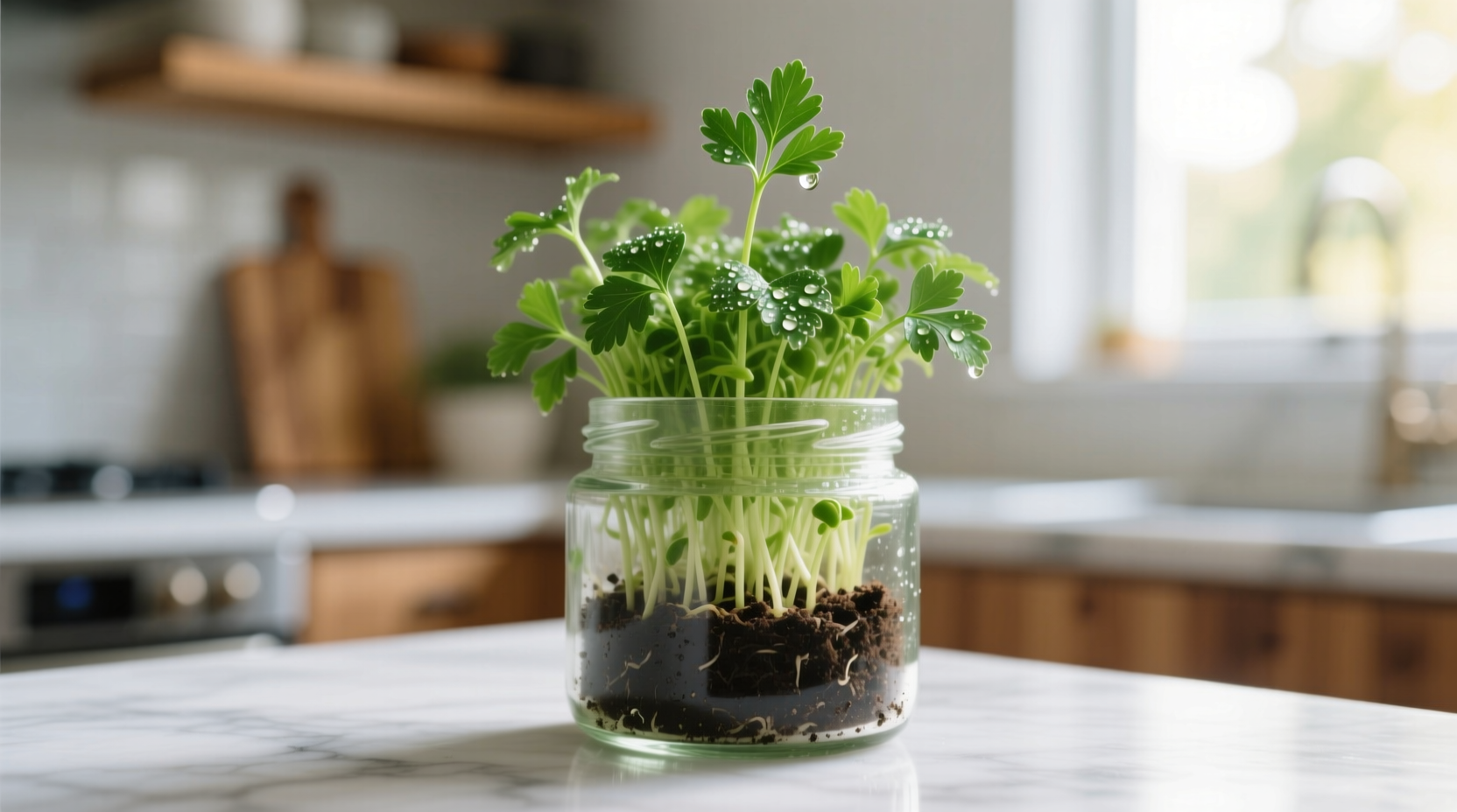 Fresh parsley sprouts in a glass jar