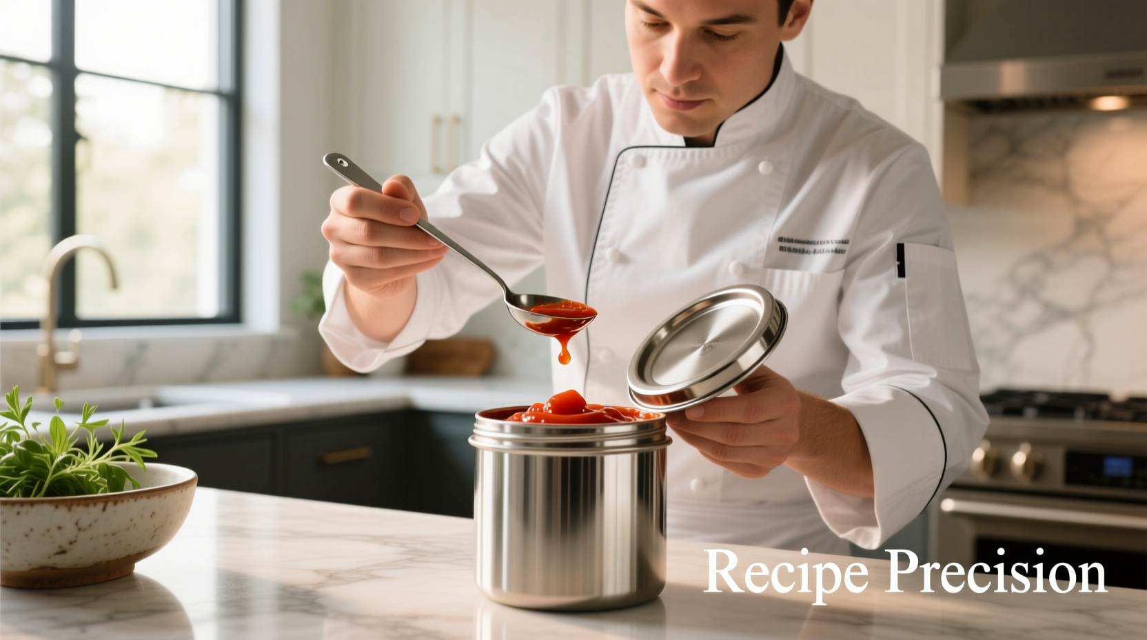 Chef measuring tomato paste from airtight container