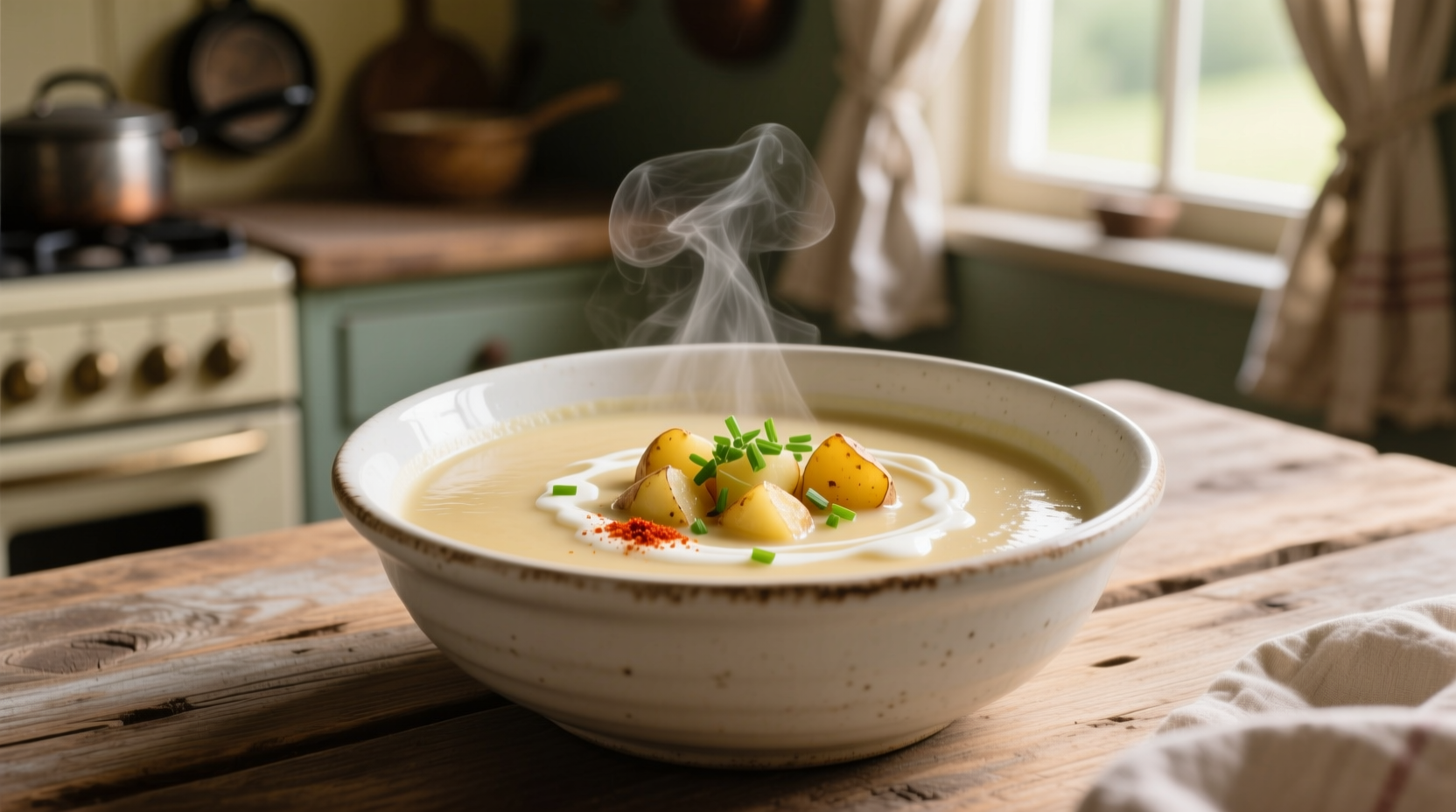 Creamy baked potato soup in white bowl