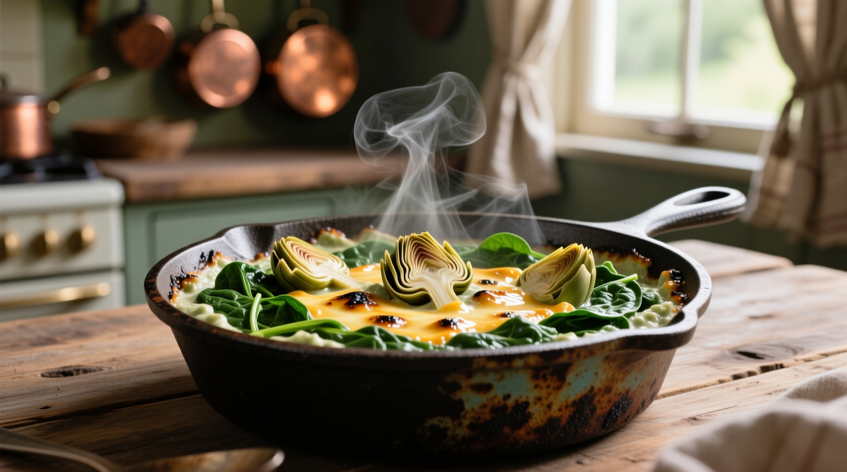 Smoked spinach artichoke dip in cast iron