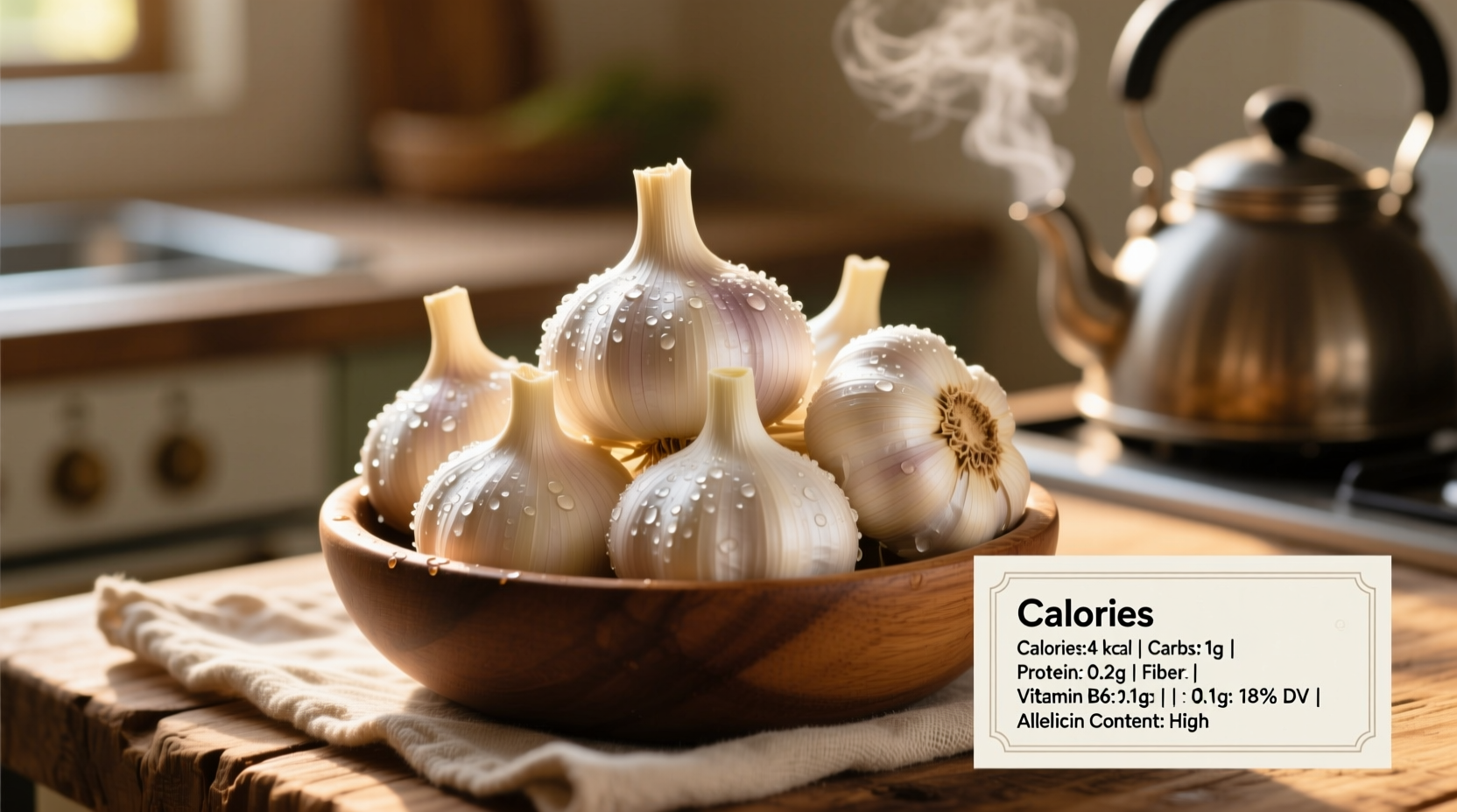Fresh garlic cloves with nutritional information