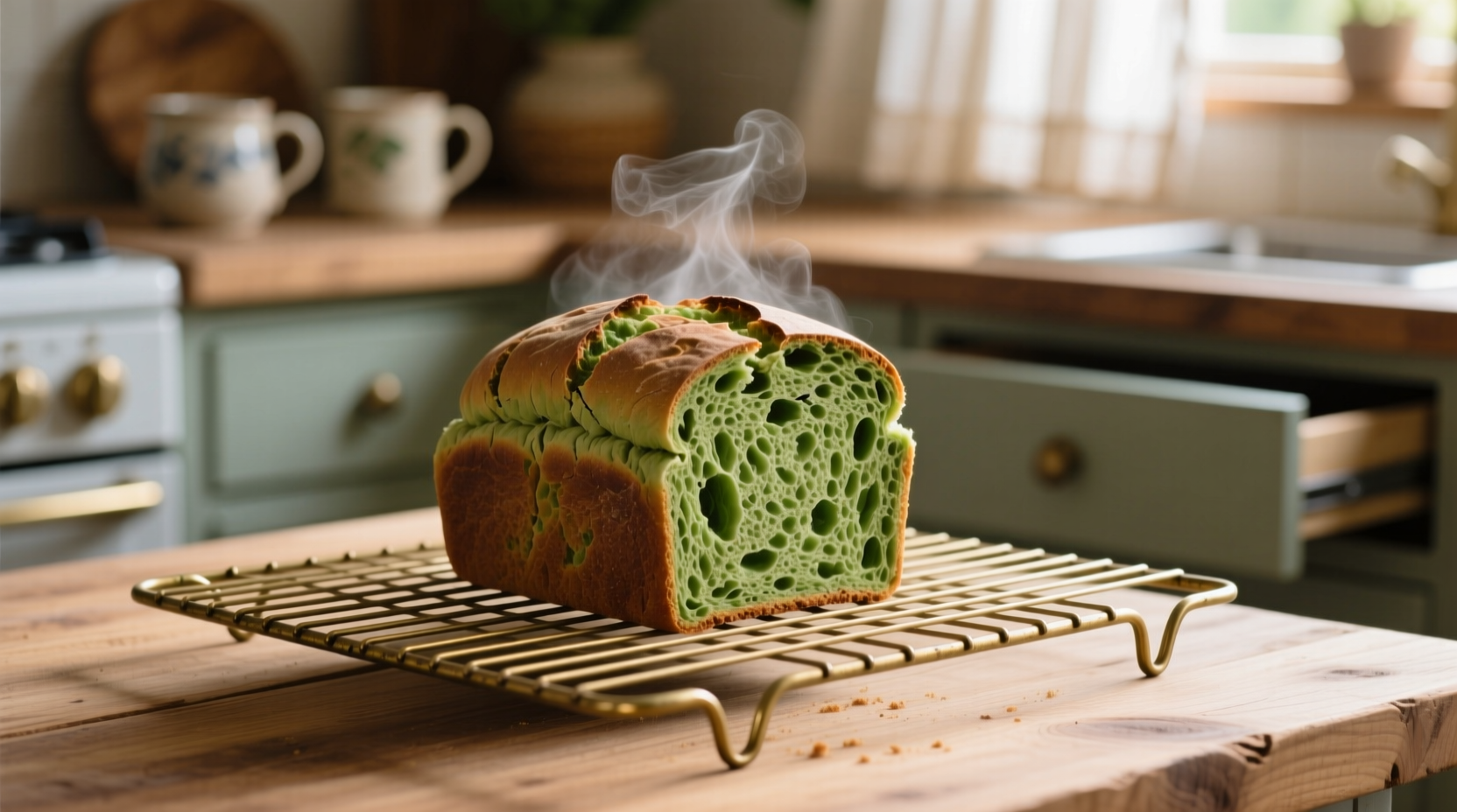 Homemade spinach bread cooling on wire rack
