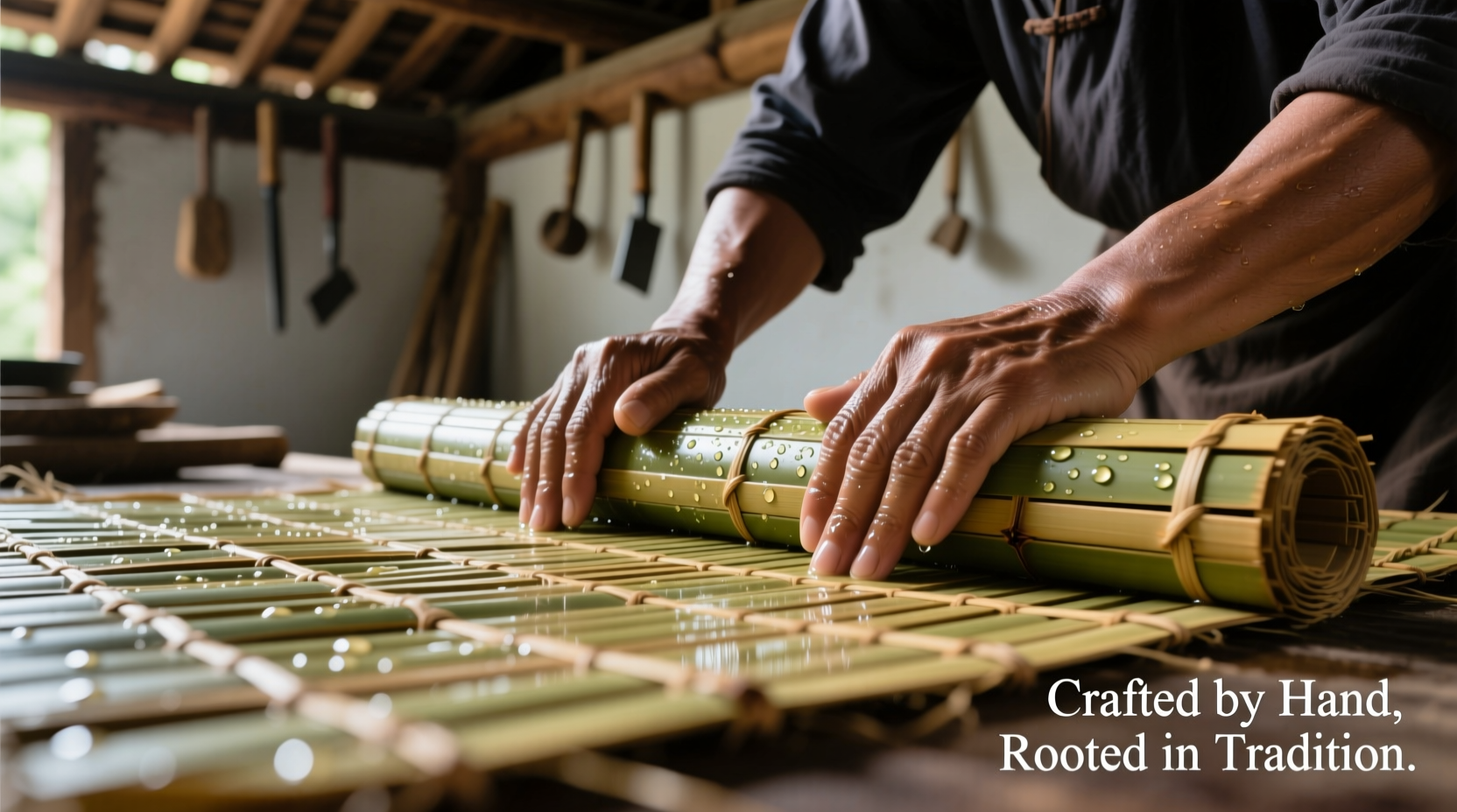 Bamboo mat rolling technique with damp hands