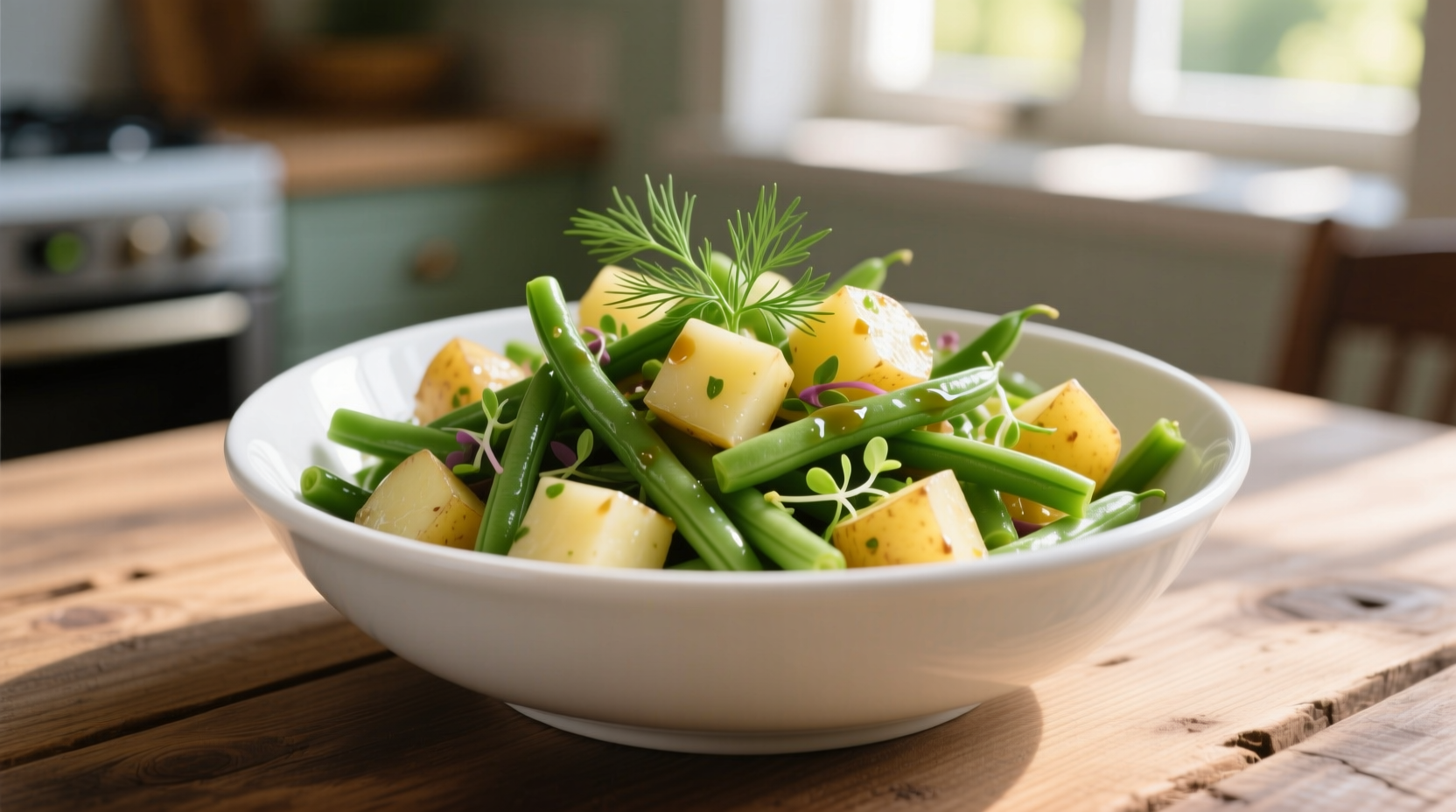 Fresh green bean and potato salad in white bowl