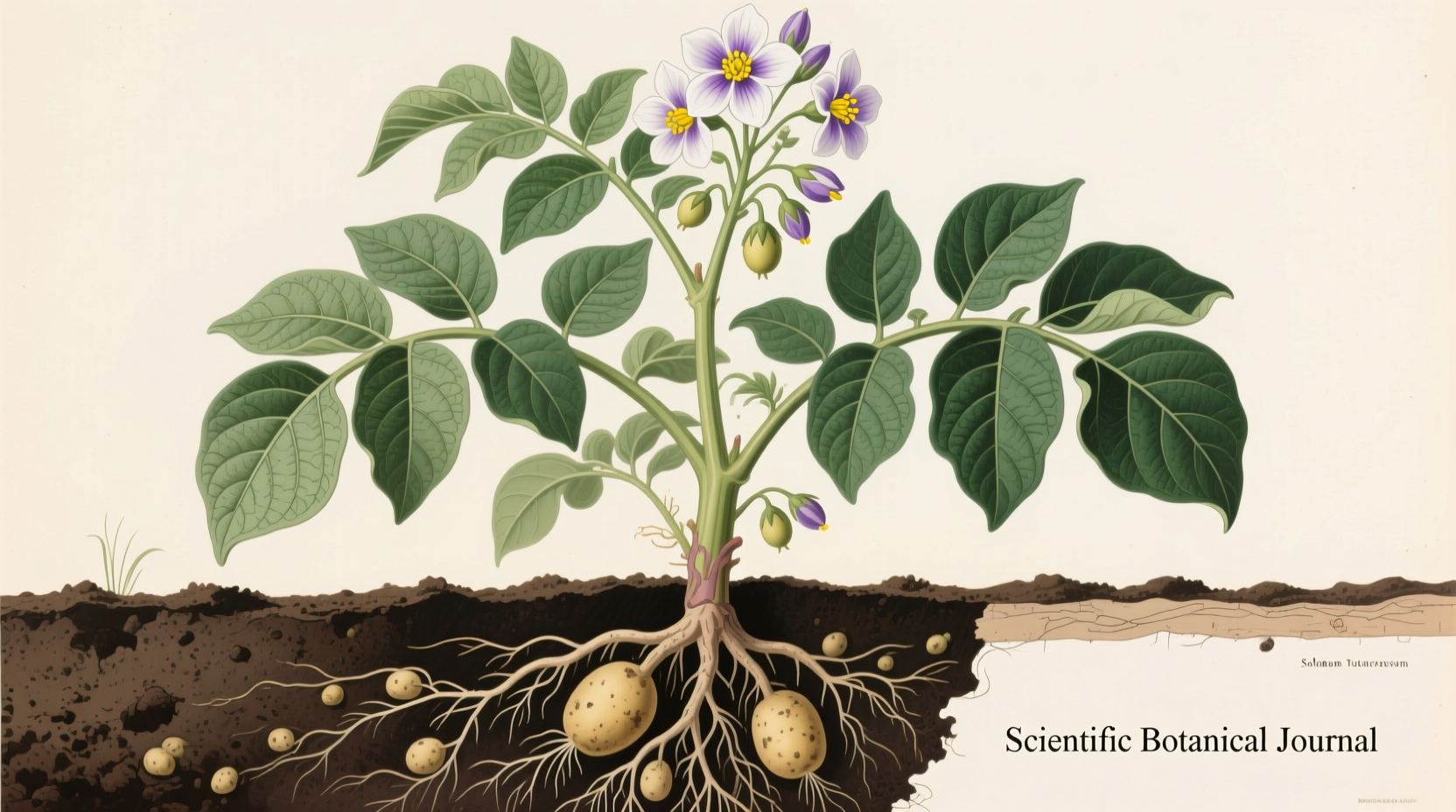 Potato plant with flowers and tubers