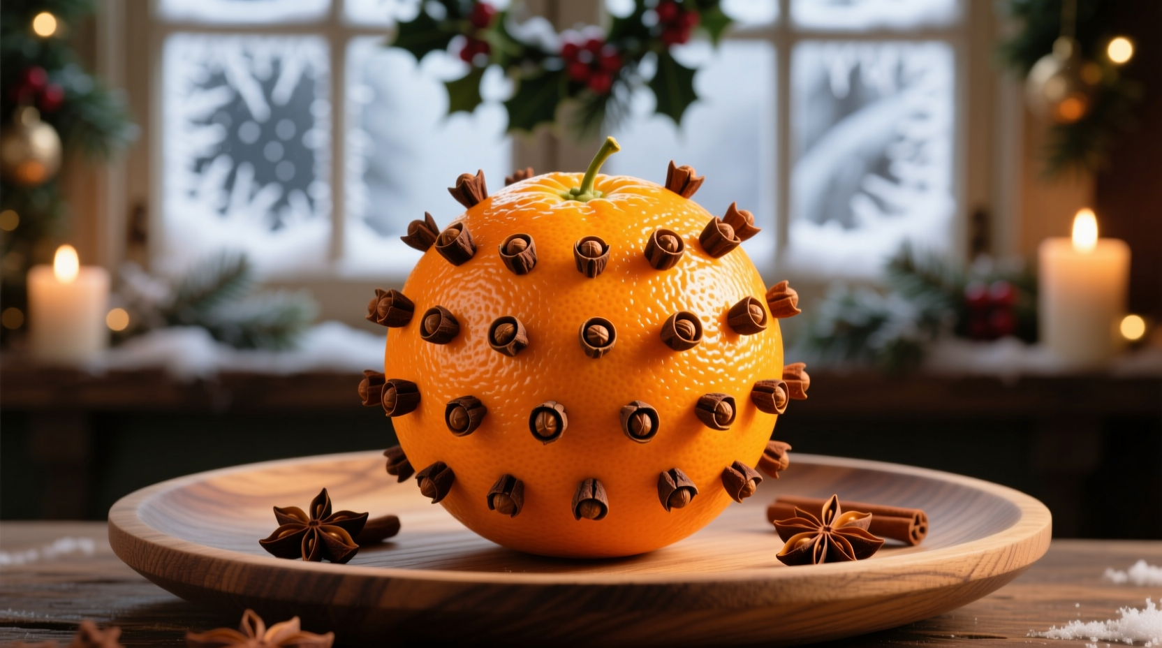 Orange studded with whole cloves for holiday decoration