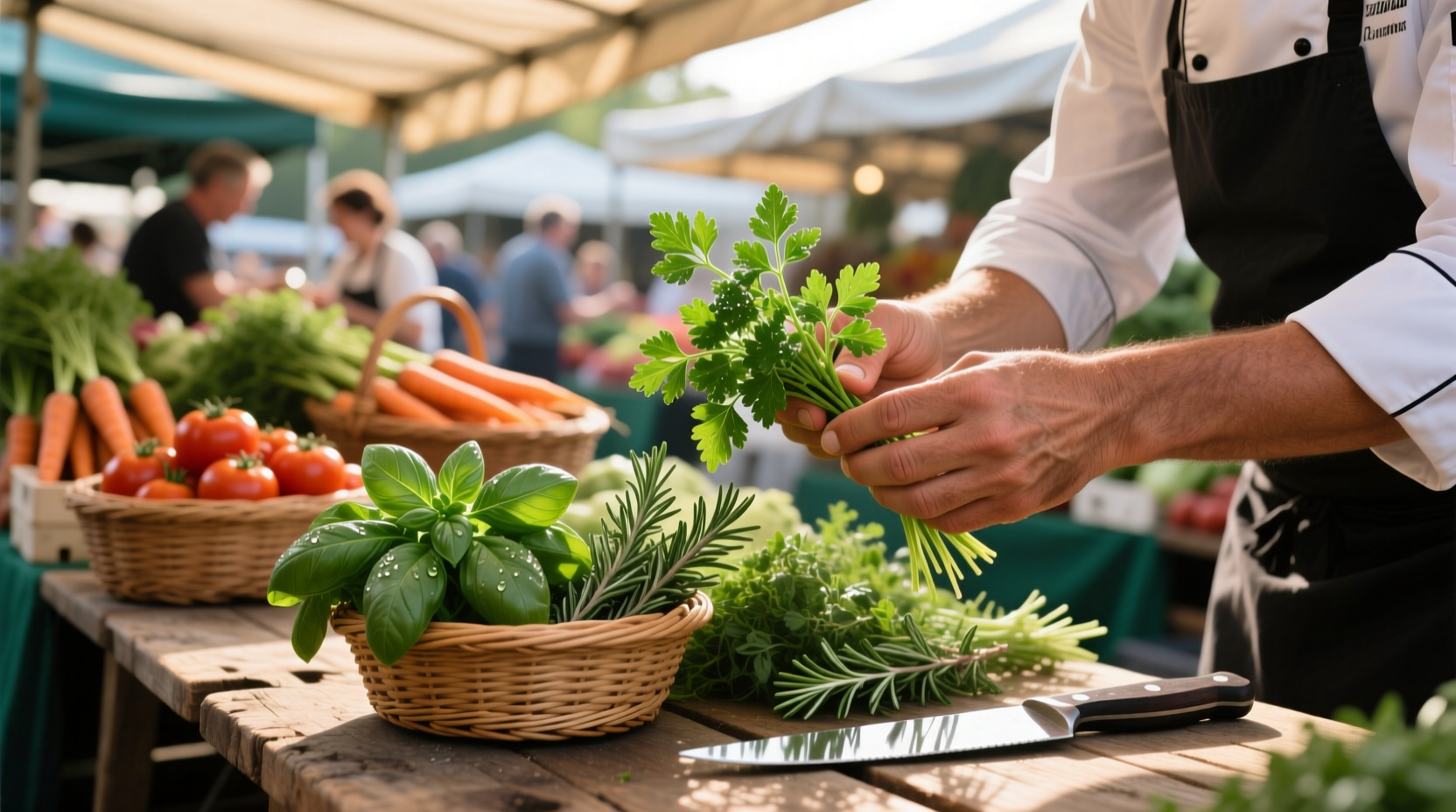 Chef's hands selecting fresh parsley at farmers market