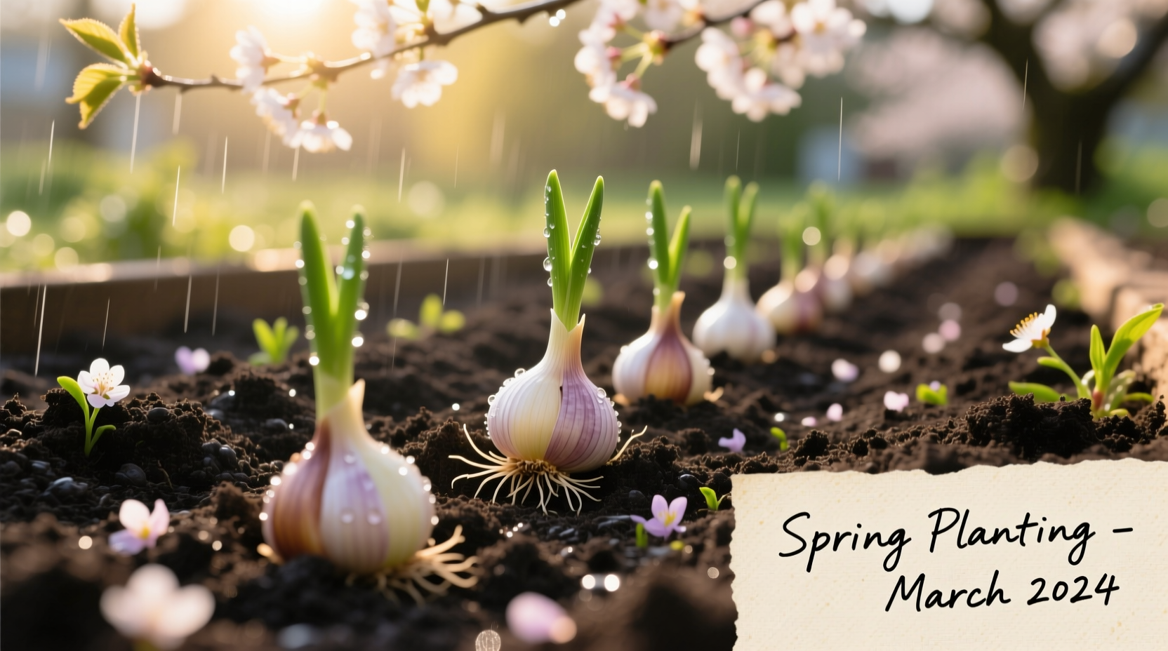 Freshly planted garlic cloves in spring garden bed