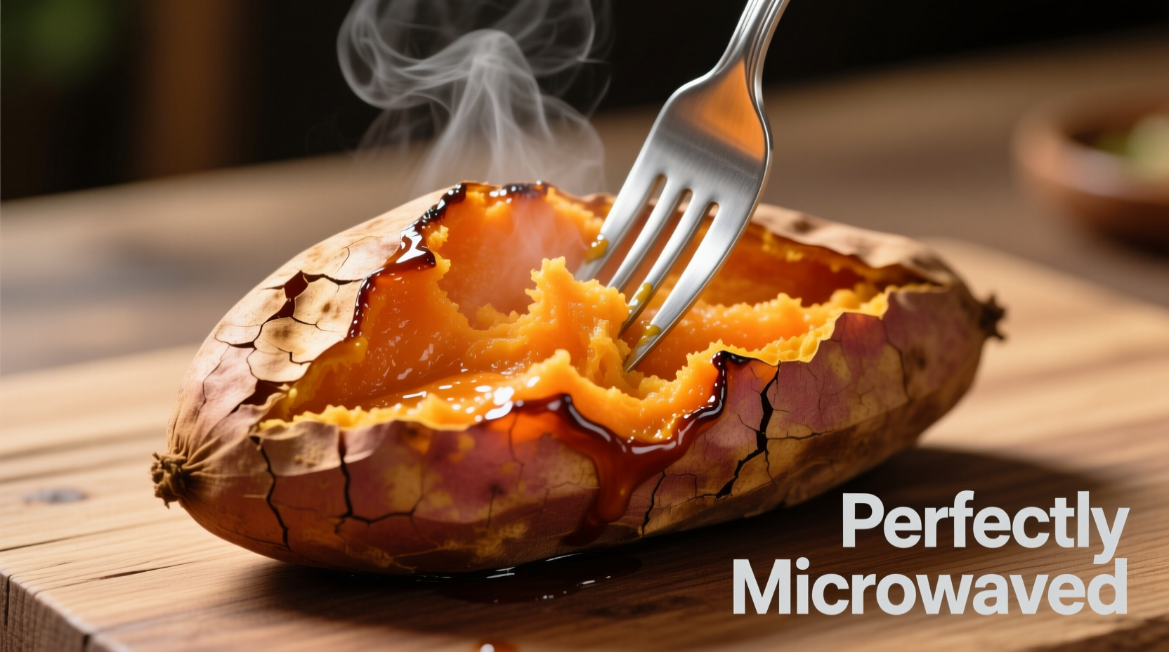 Perfectly cooked microwave sweet potato with fork