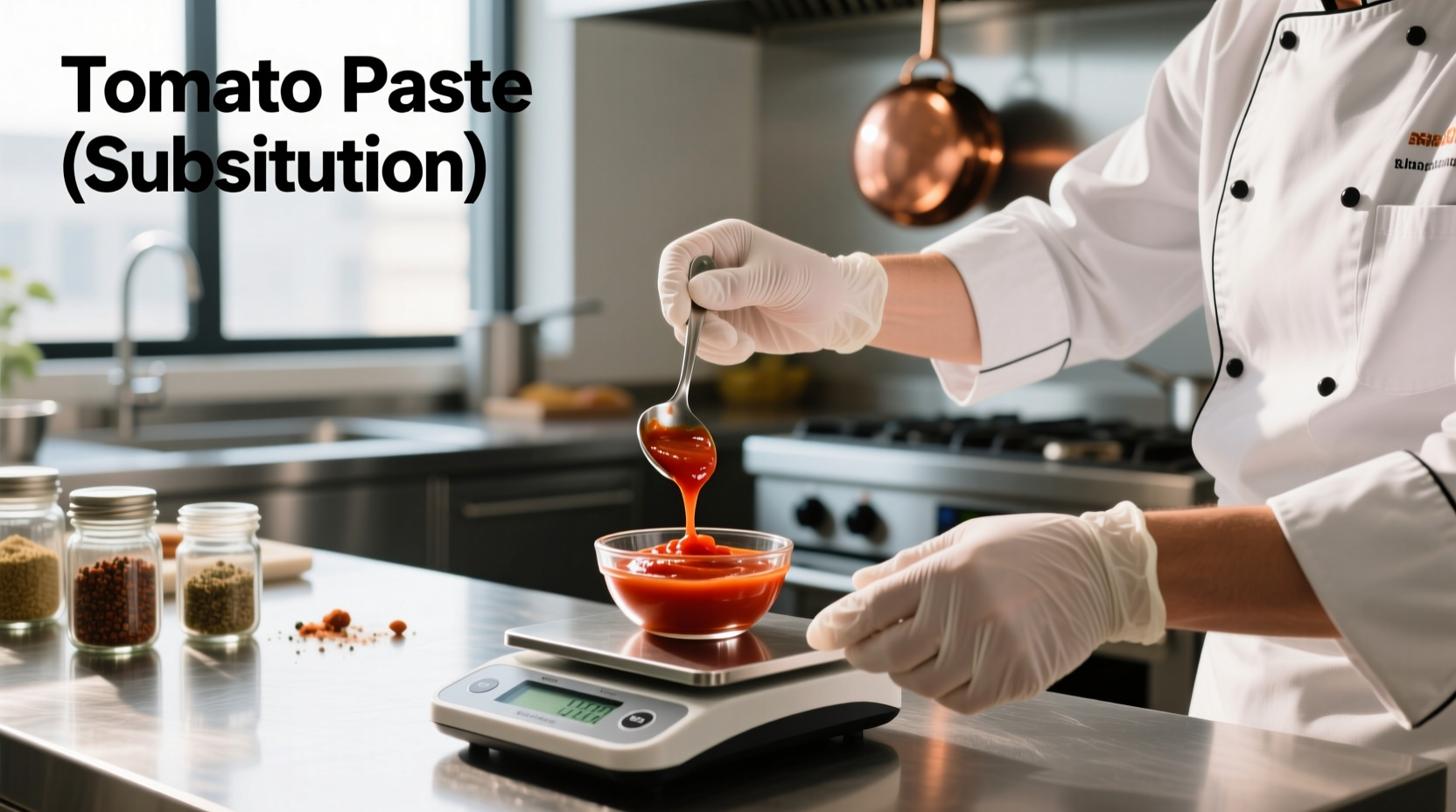 Chef measuring tomato paste substitution in kitchen