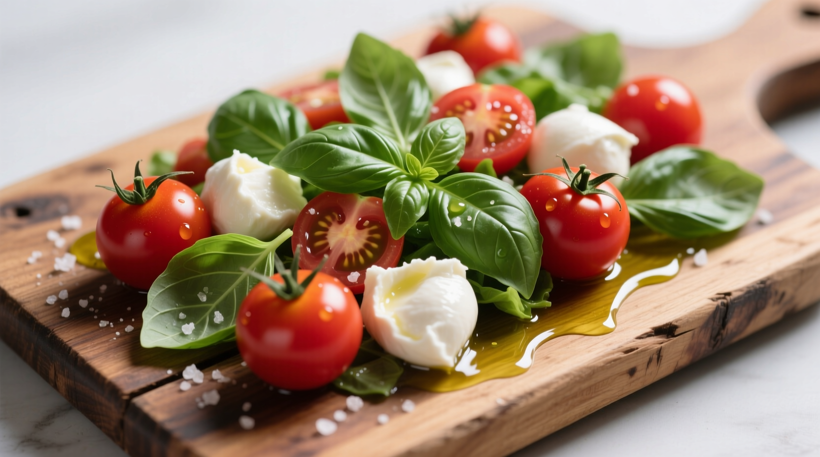 Fresh tomato basil and mozzarella salad on wooden board
