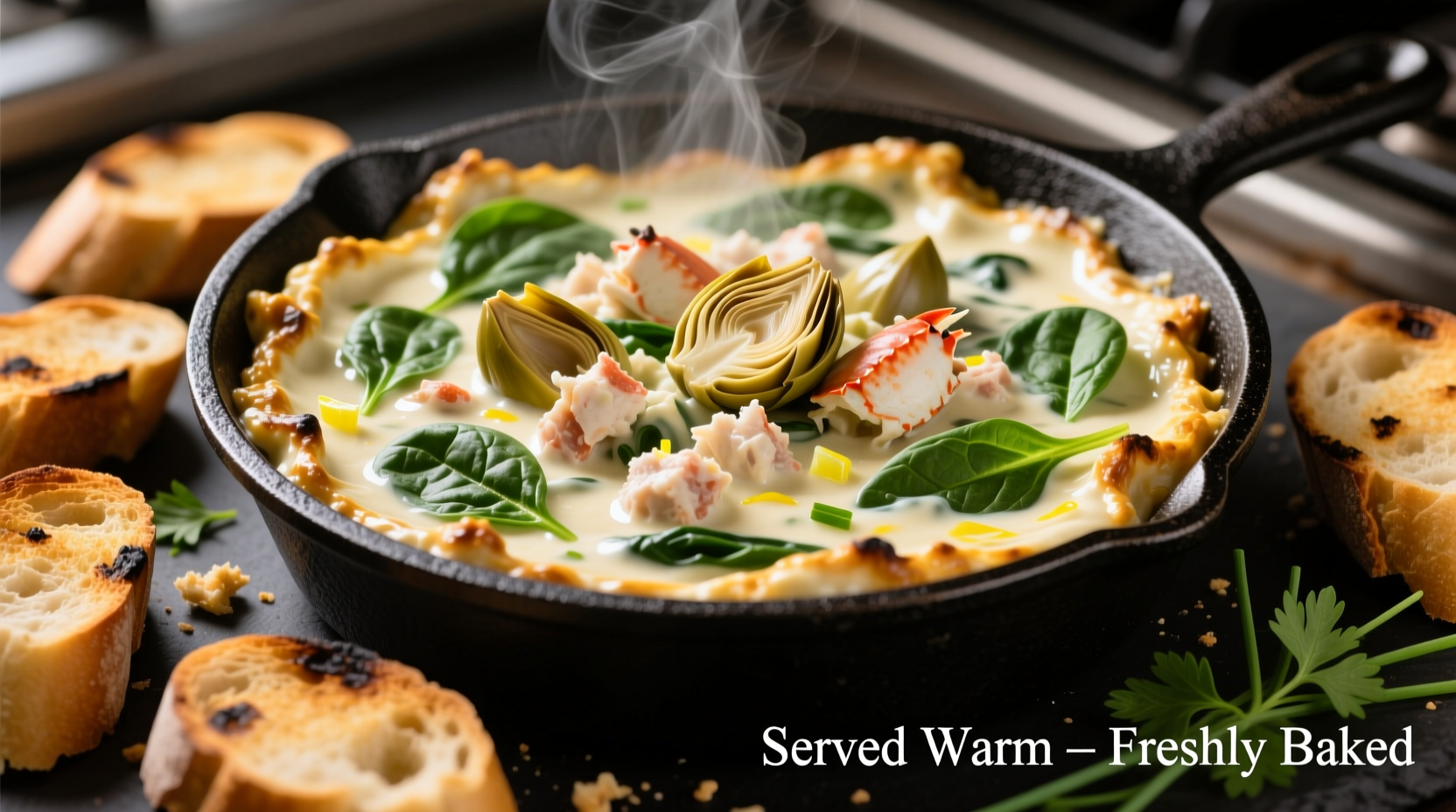 Creamy spinach artichoke crab dip served in cast iron skillet with toasted baguette slices