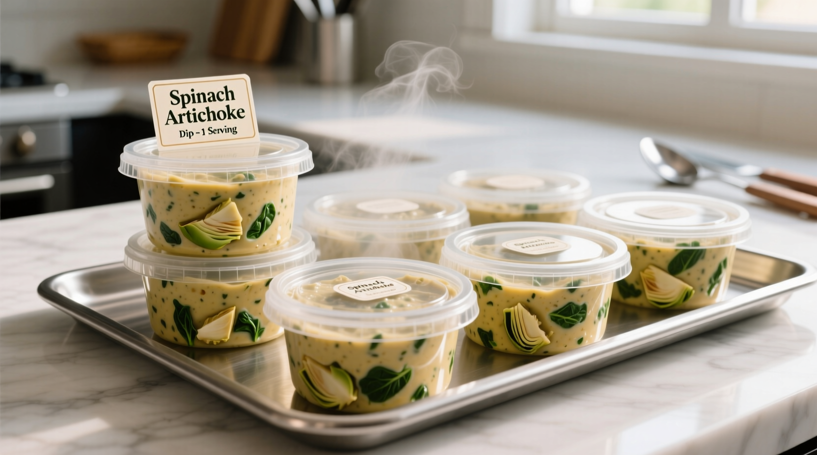 Spinach artichoke dip portioned for freezing in containers