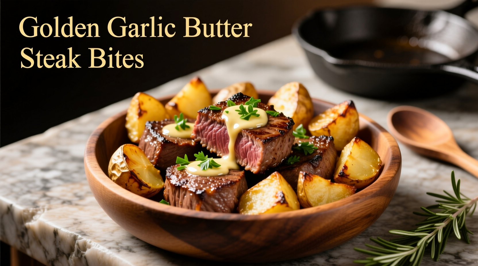 Golden garlic butter steak bites with crispy roasted potatoes