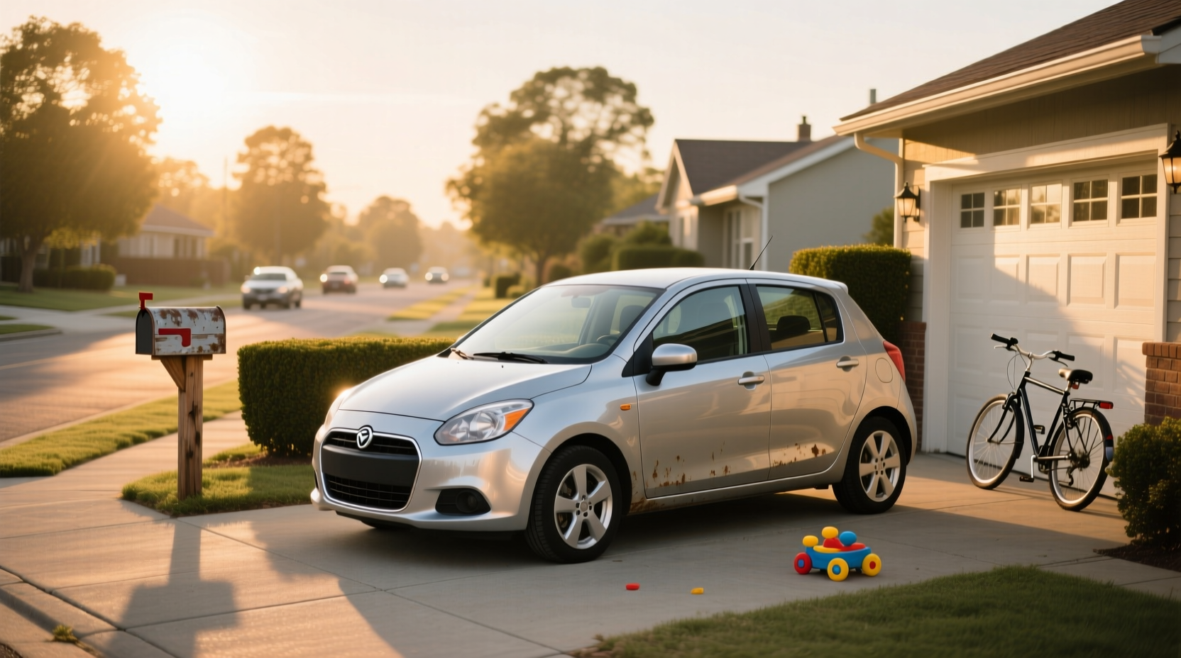 Most reliable compact sedan on highway at dusk