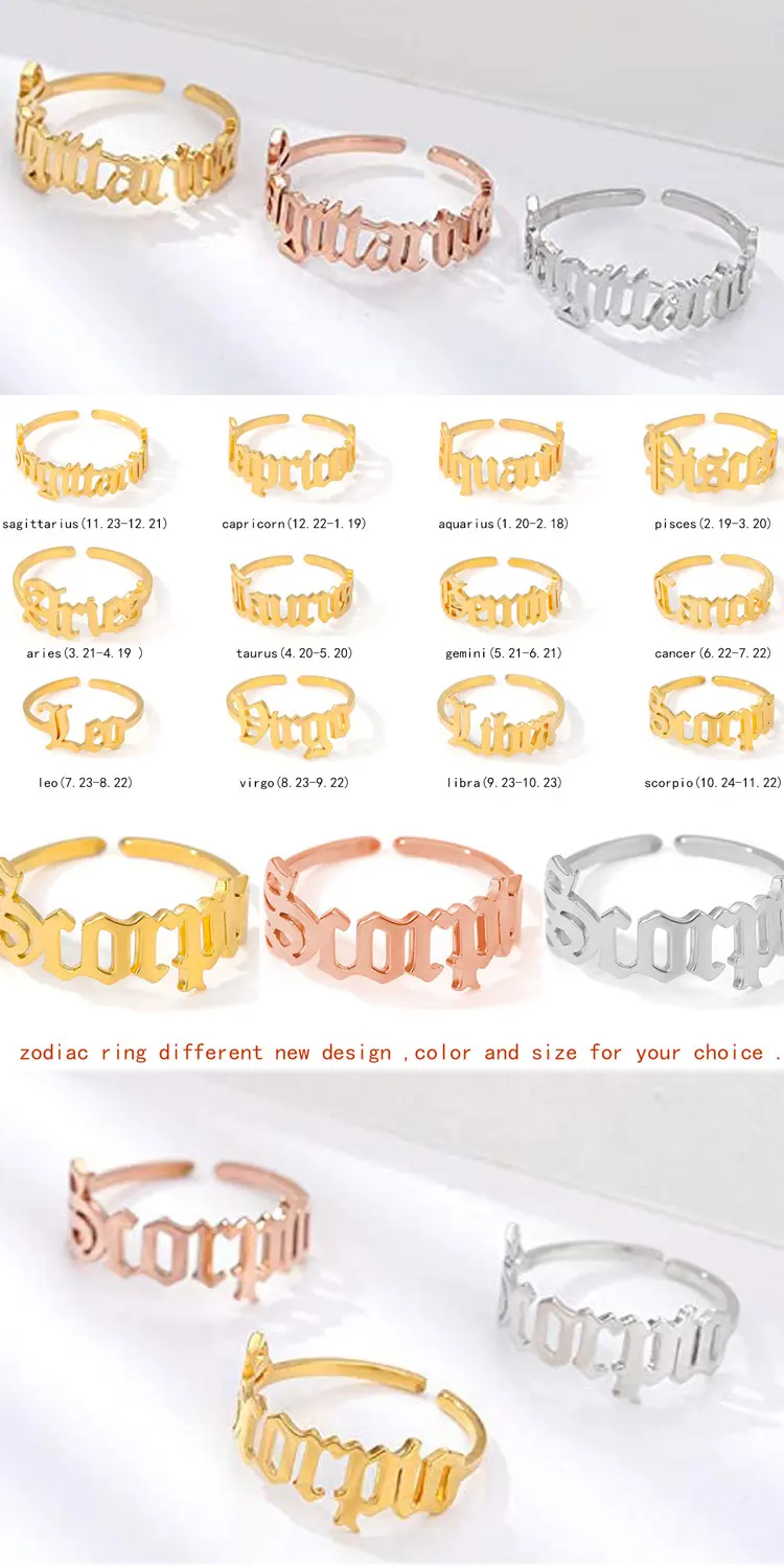 wholesale jewelry adjustable open gold plated custom 12 old English name stainless steel zodiac sign initial ring