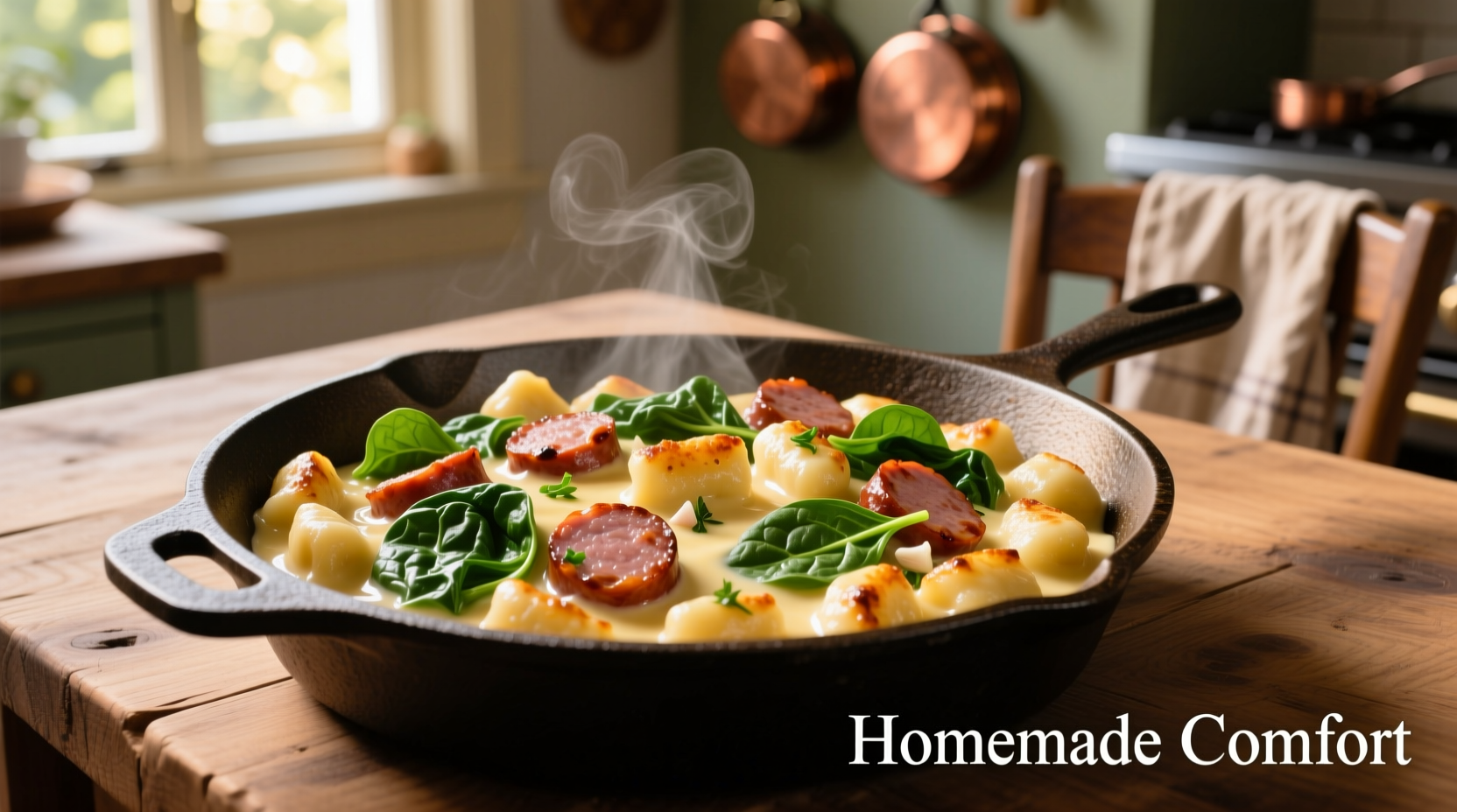 Creamy gnocchi with sausage and spinach in cast iron skillet
