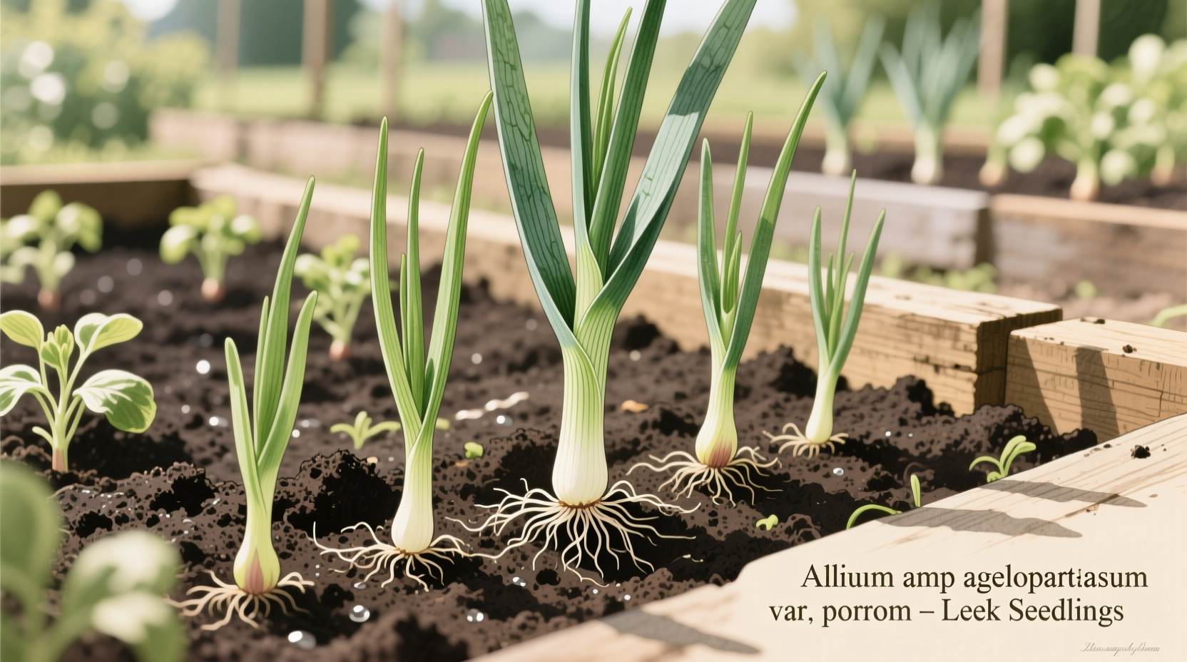 Leek seedlings growing in garden bed