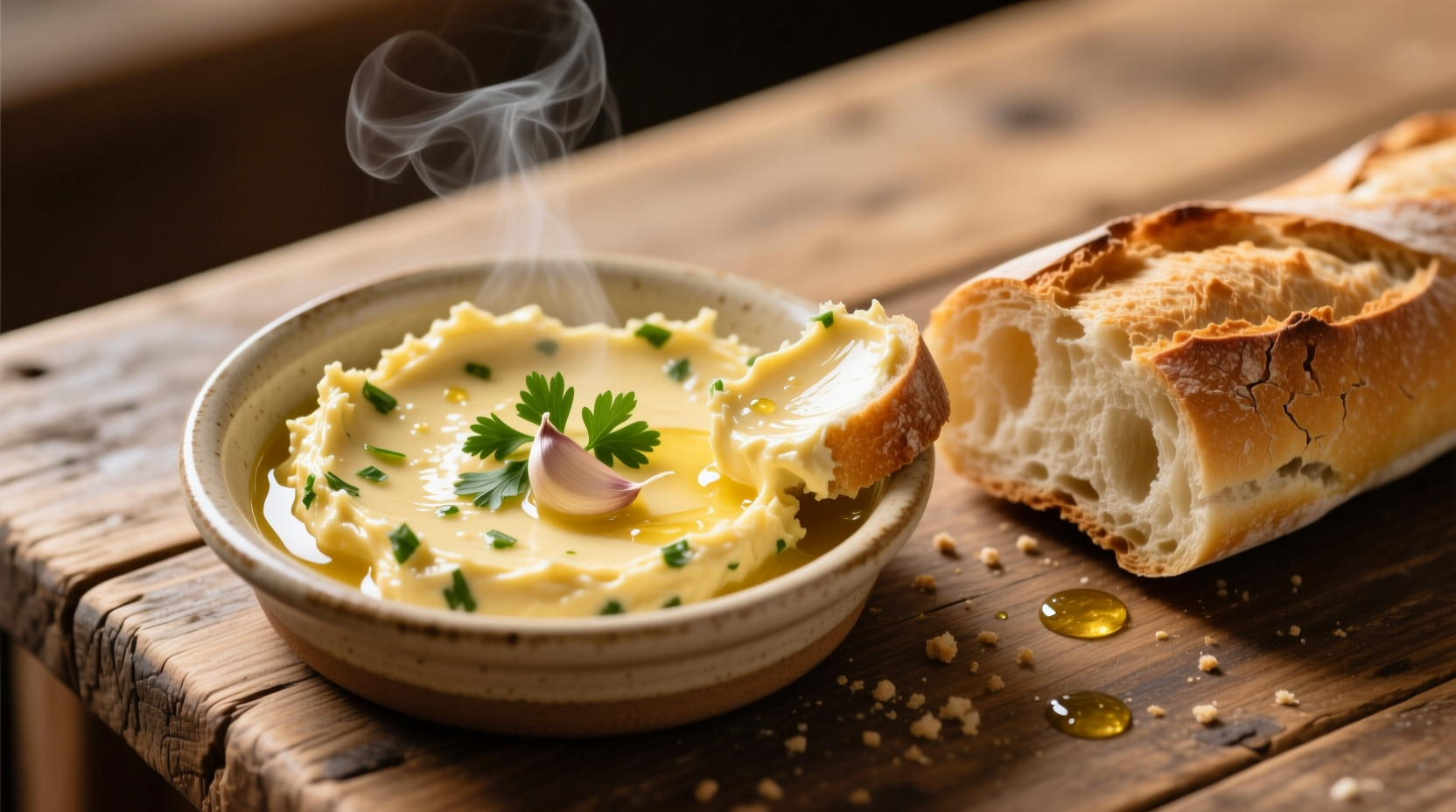 Homemade garlic butter spread in ceramic dish with bread