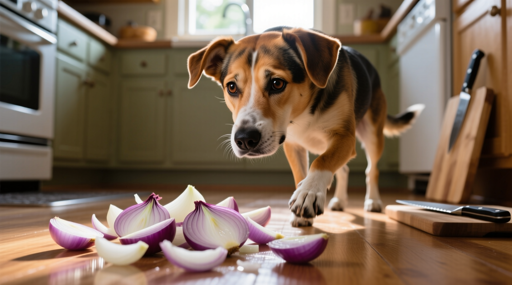 Dog looking concerned near spilled onion pieces