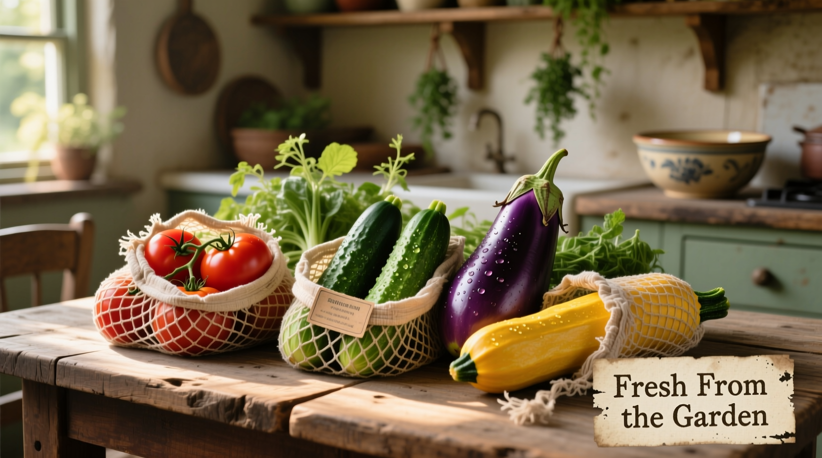 Repurposed onion mesh bags holding fresh garden vegetables