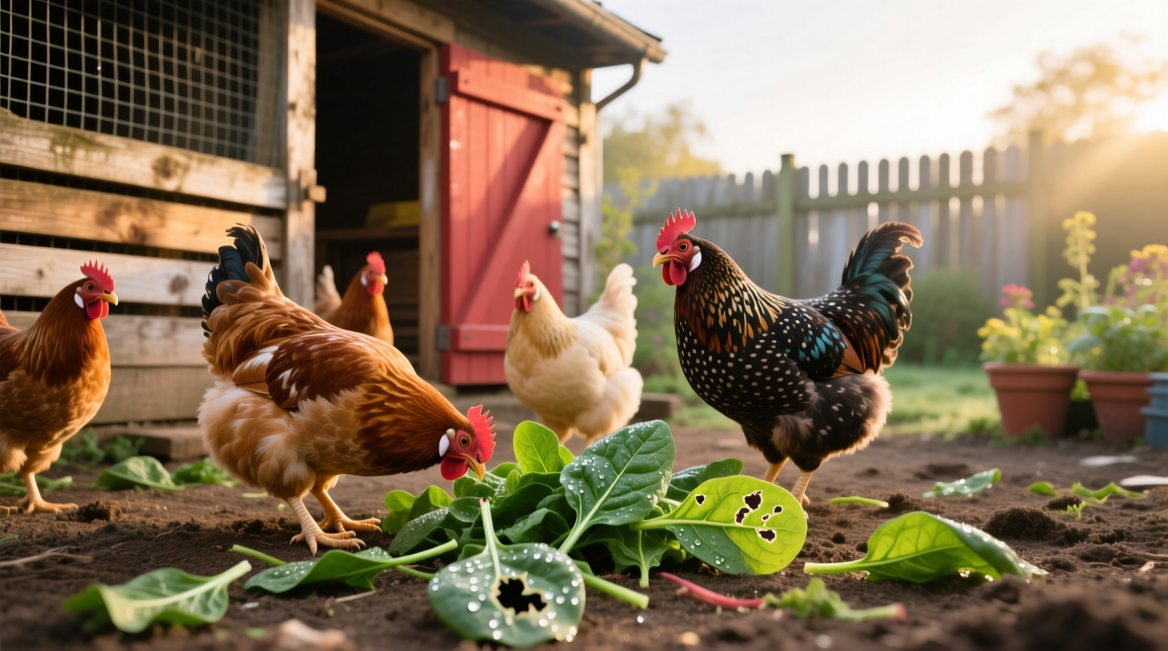 Chickens pecking fresh spinach leaves in backyard coop