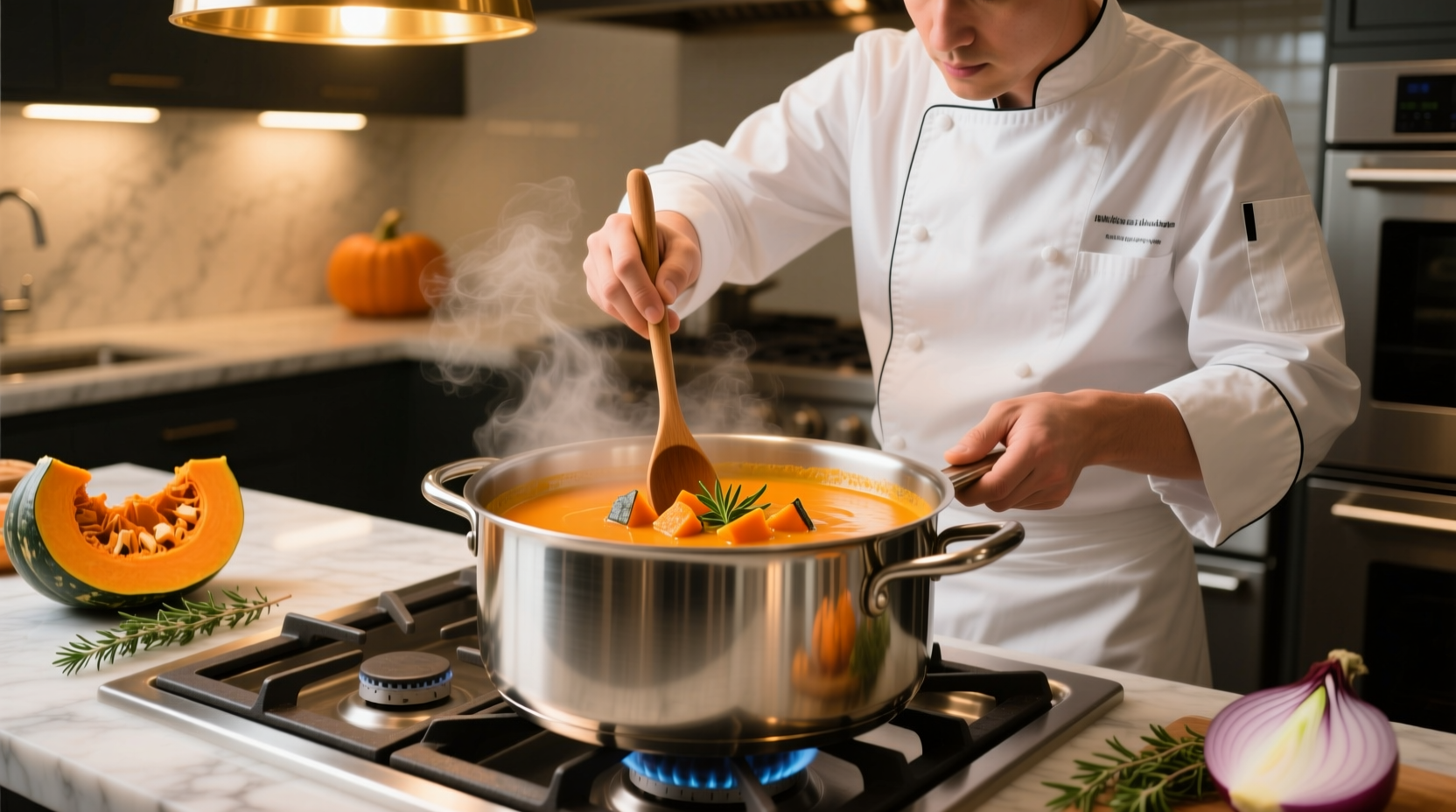 Chef preparing butternut squash soup in stainless steel pot