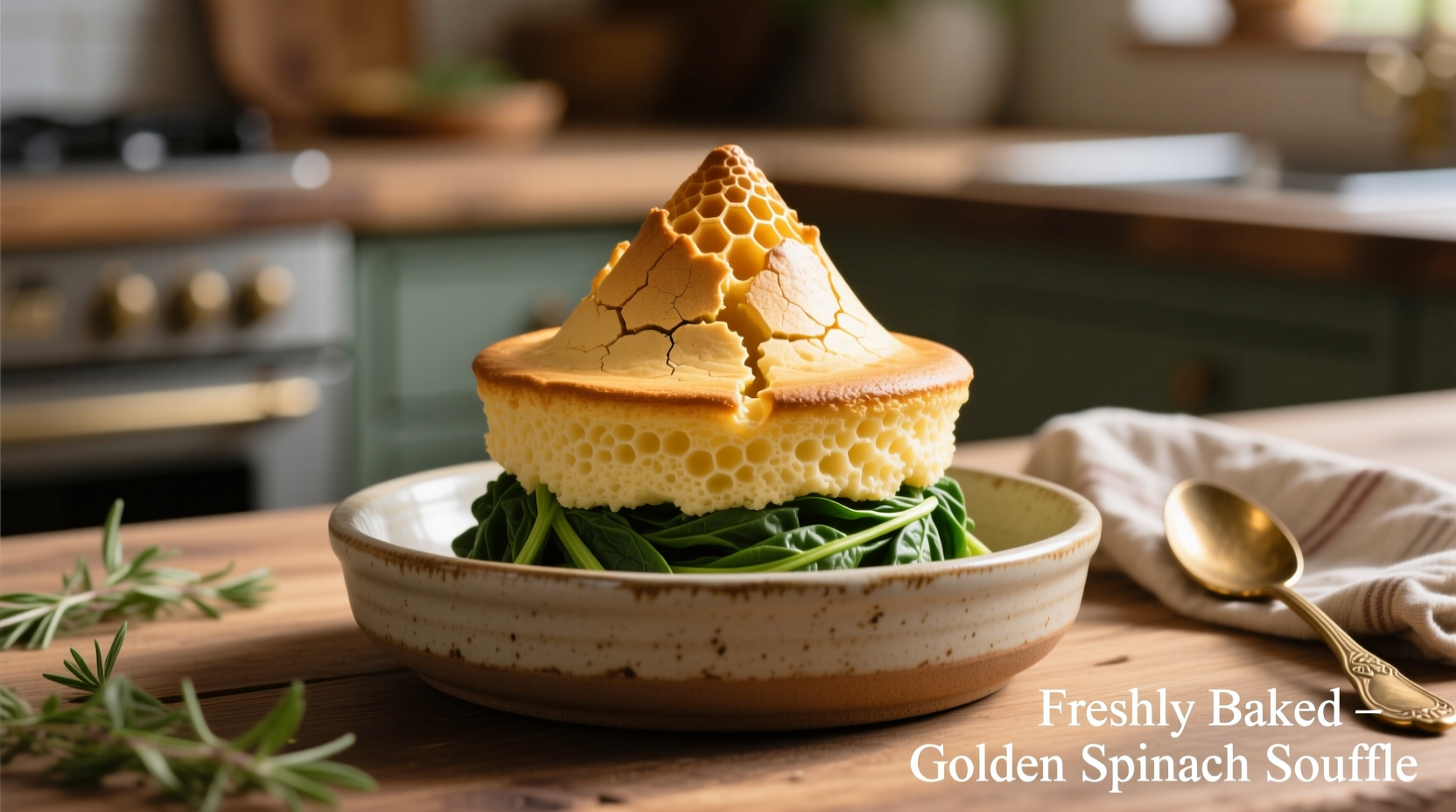 Light golden spinach soufflé rising from ceramic dish