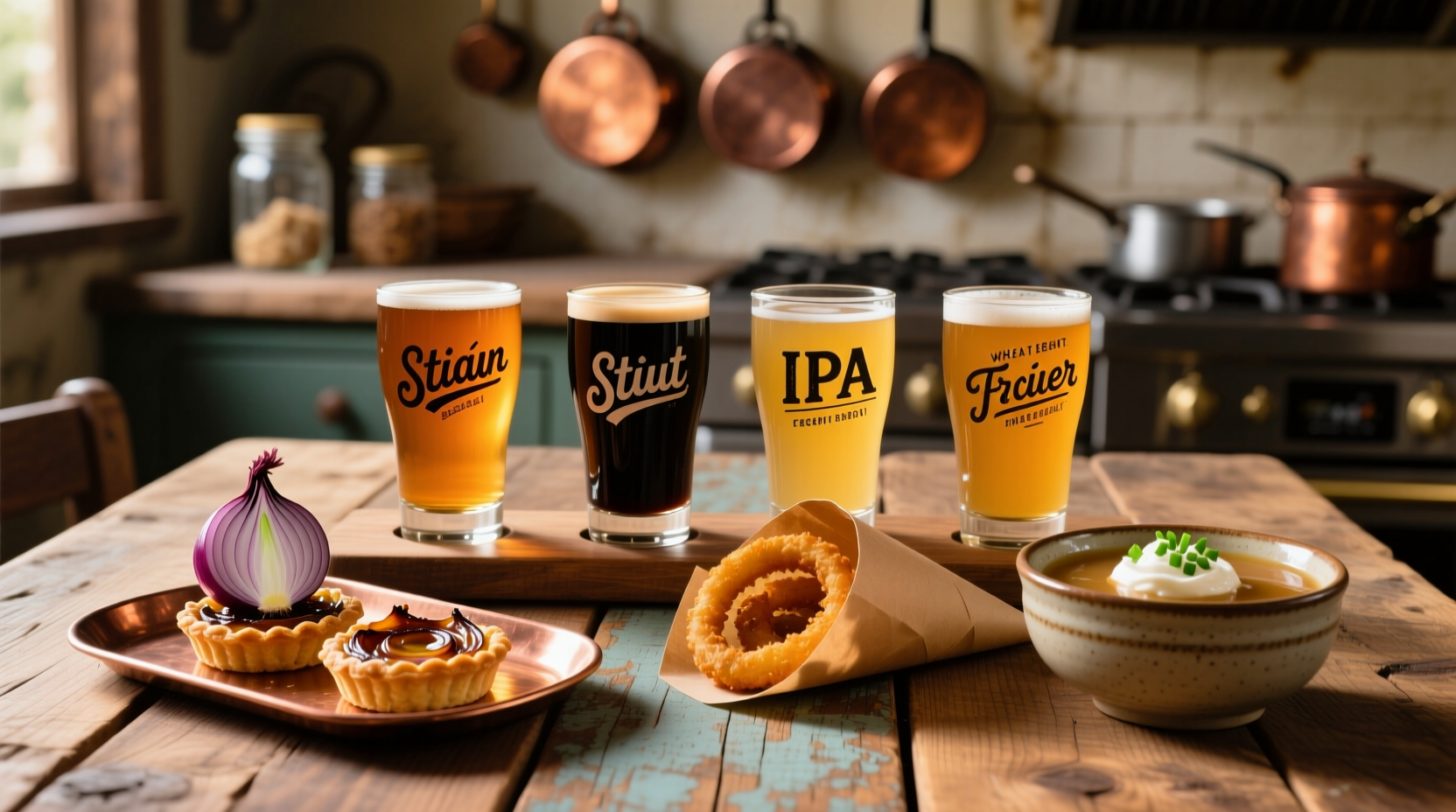 Craft beer flight with onion-themed appetizers on wooden table