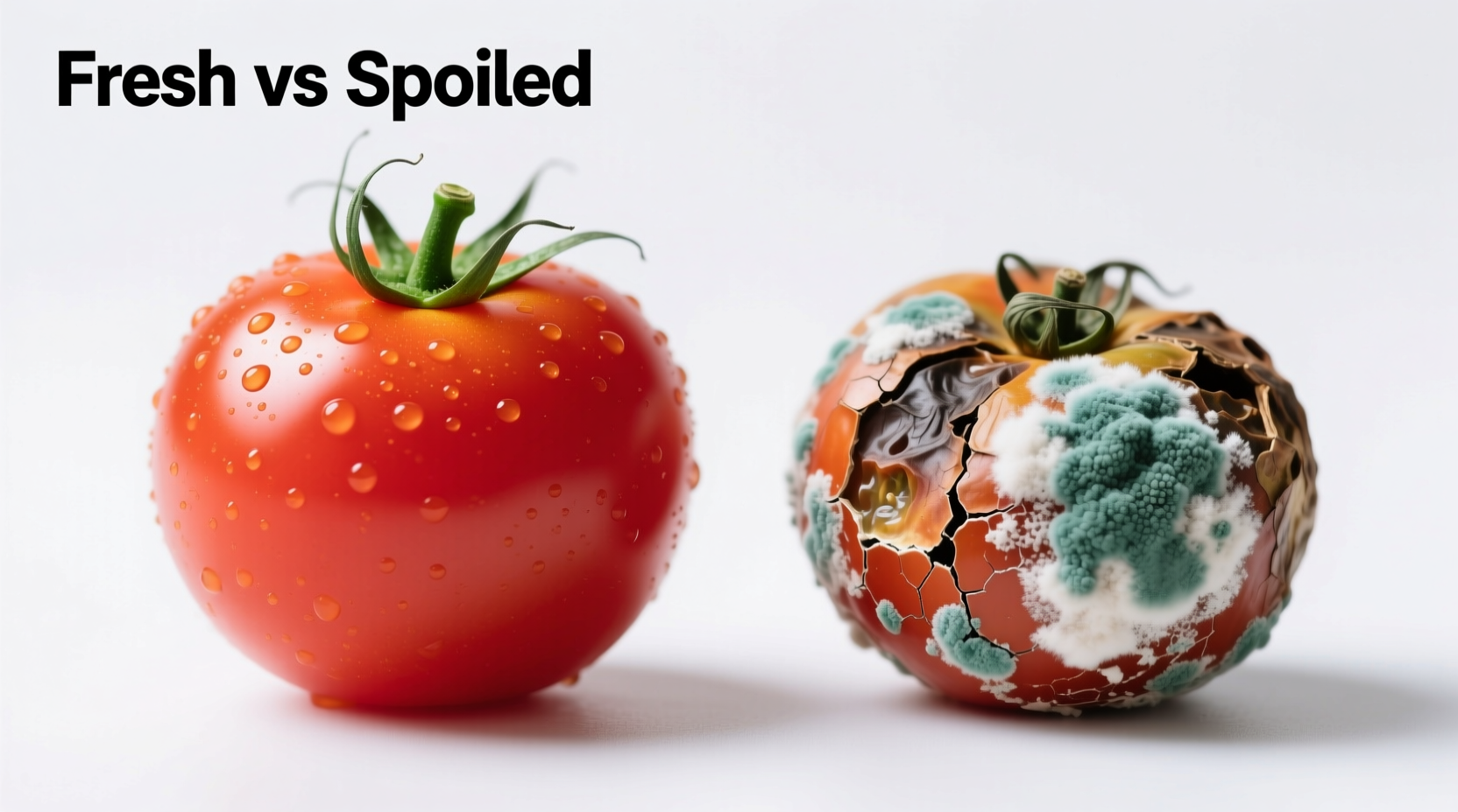 Close-up comparison of fresh tomato versus spoiled tomato with mold