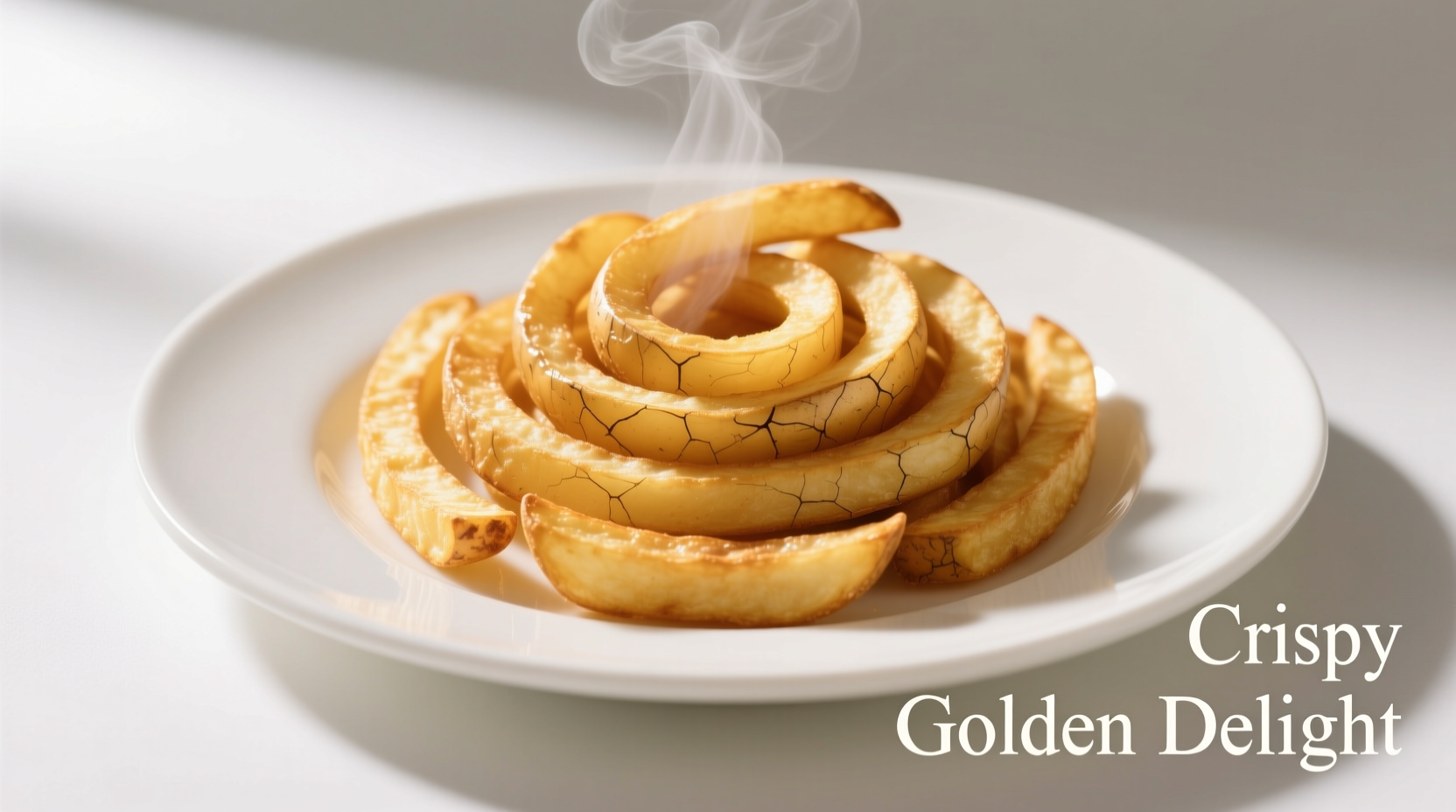Perfectly golden potato stix arranged on white plate