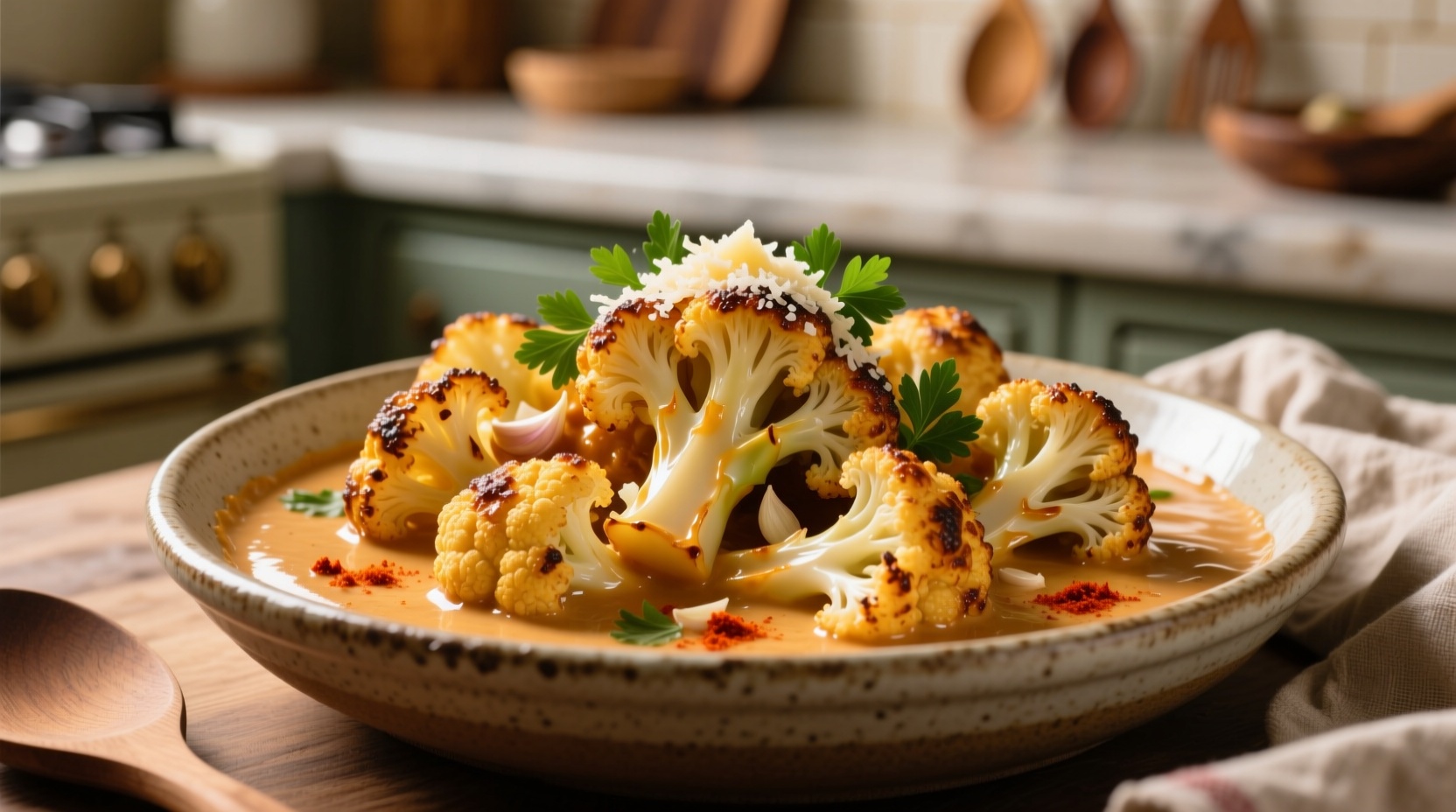 Crispy golden cauliflower florets in spicy creamy sauce