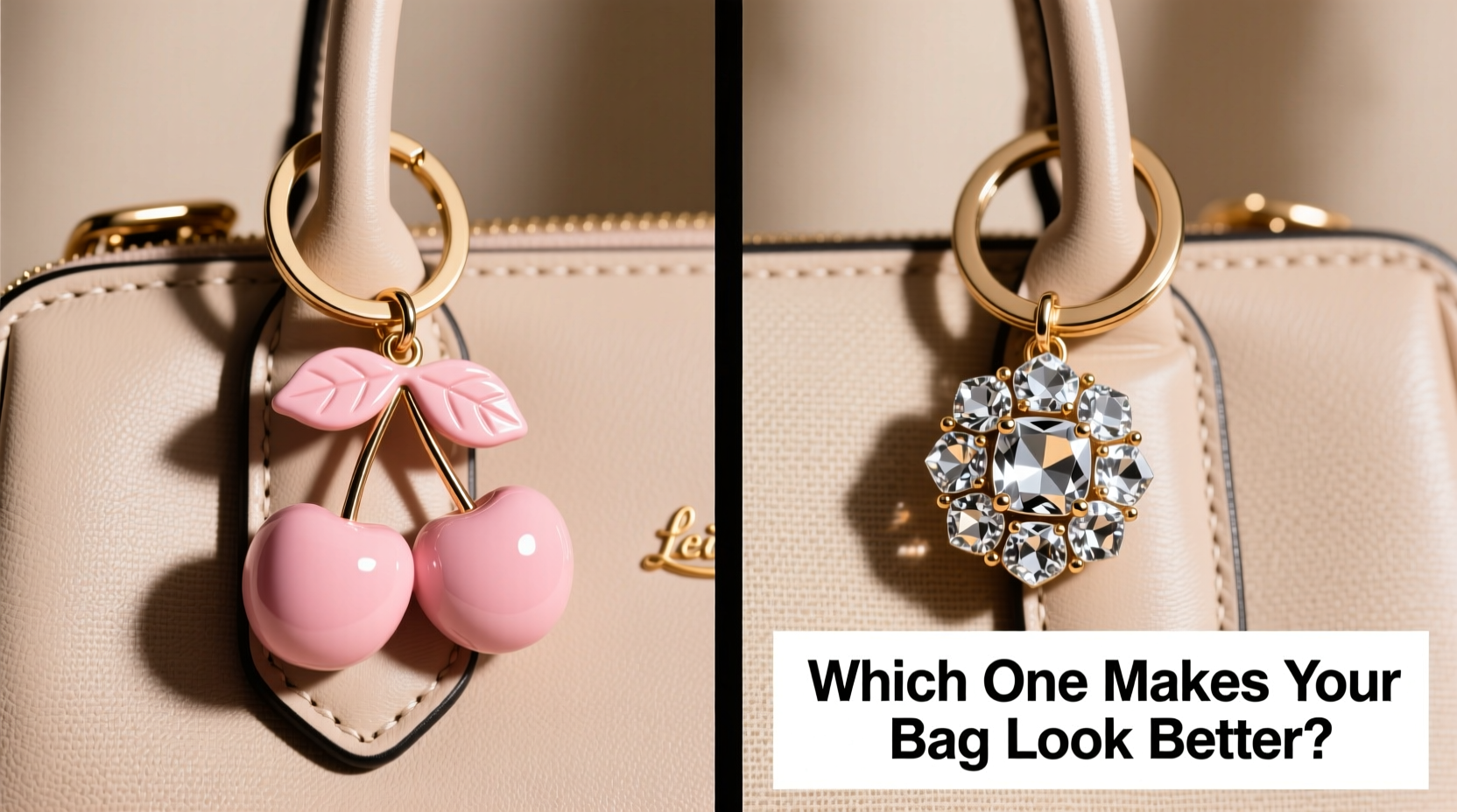 cherry bag charm vs rhinestone keychain which one actually makes your bag look better